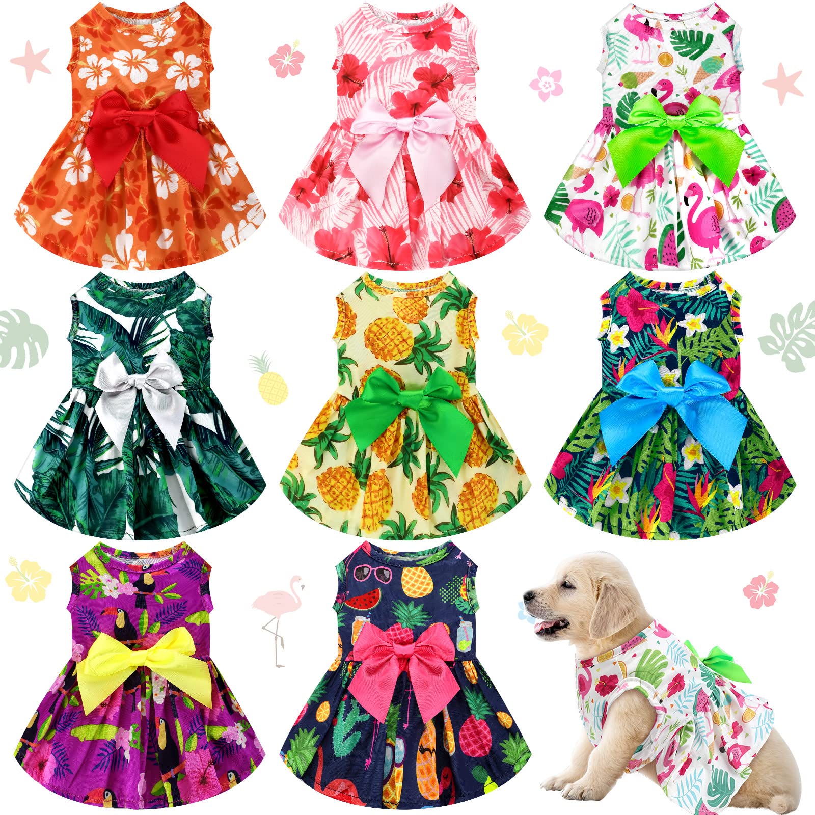 Leifide 8 Pcs Summer Themed Hawaii Dog Dresses Holiday Flamingo Fruit Floral Pattern Pet Skirts Hawaii Puppy Princess Dresses Ou