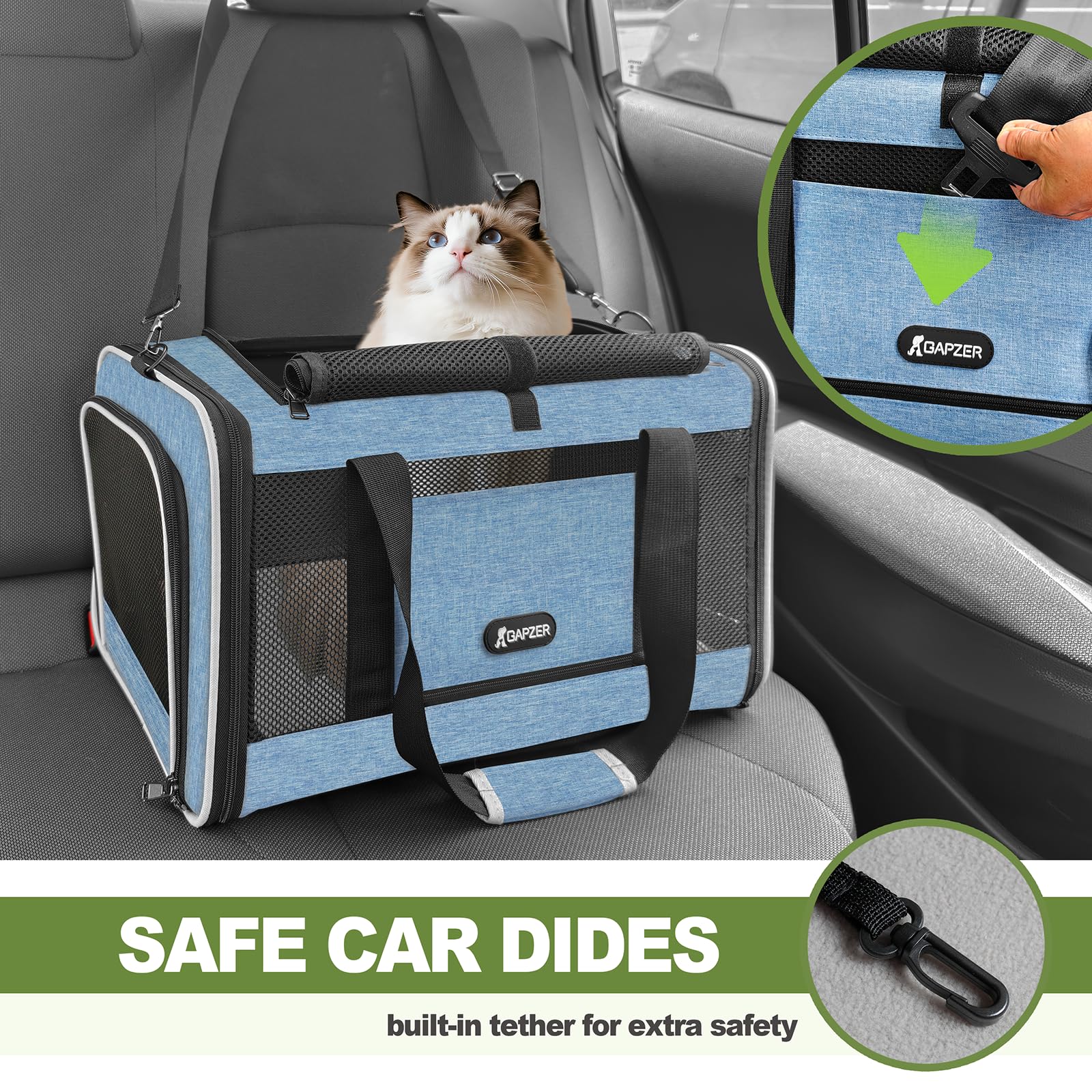 GAPZER Cat Carrier - Soft-Sided Travel Bag for Pets, Medium Size, Blue, Top Loading, 600D Oxford, Ideal for Small Dogs & Cats Under 25 lbs