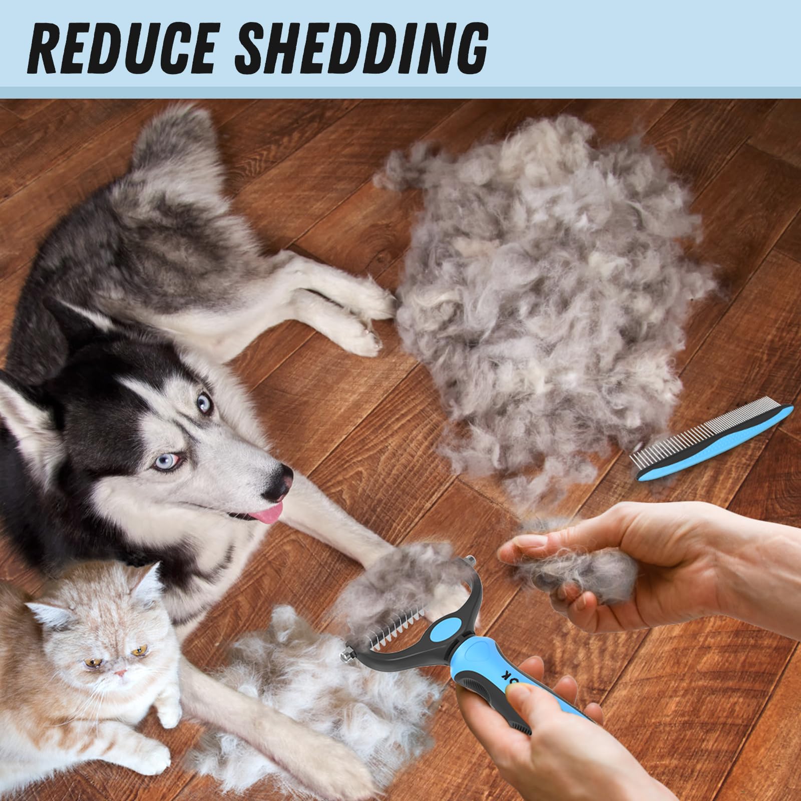 Docrok Pet Grooming Combo - Blue Deshedding Brush With Metal Comb For Detangling And Dematting Long, Matted Fur On Cats And Dogs