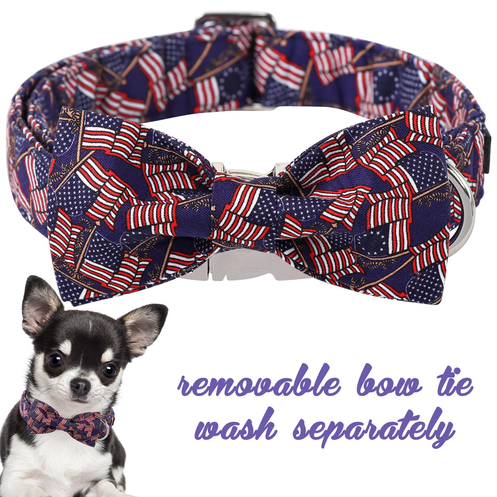 Patriotic Dog Collar With Bow, Unique Style Paws 4Th Of July Dog Collar, Independence Day Collars Adjustable American Flag Pet C