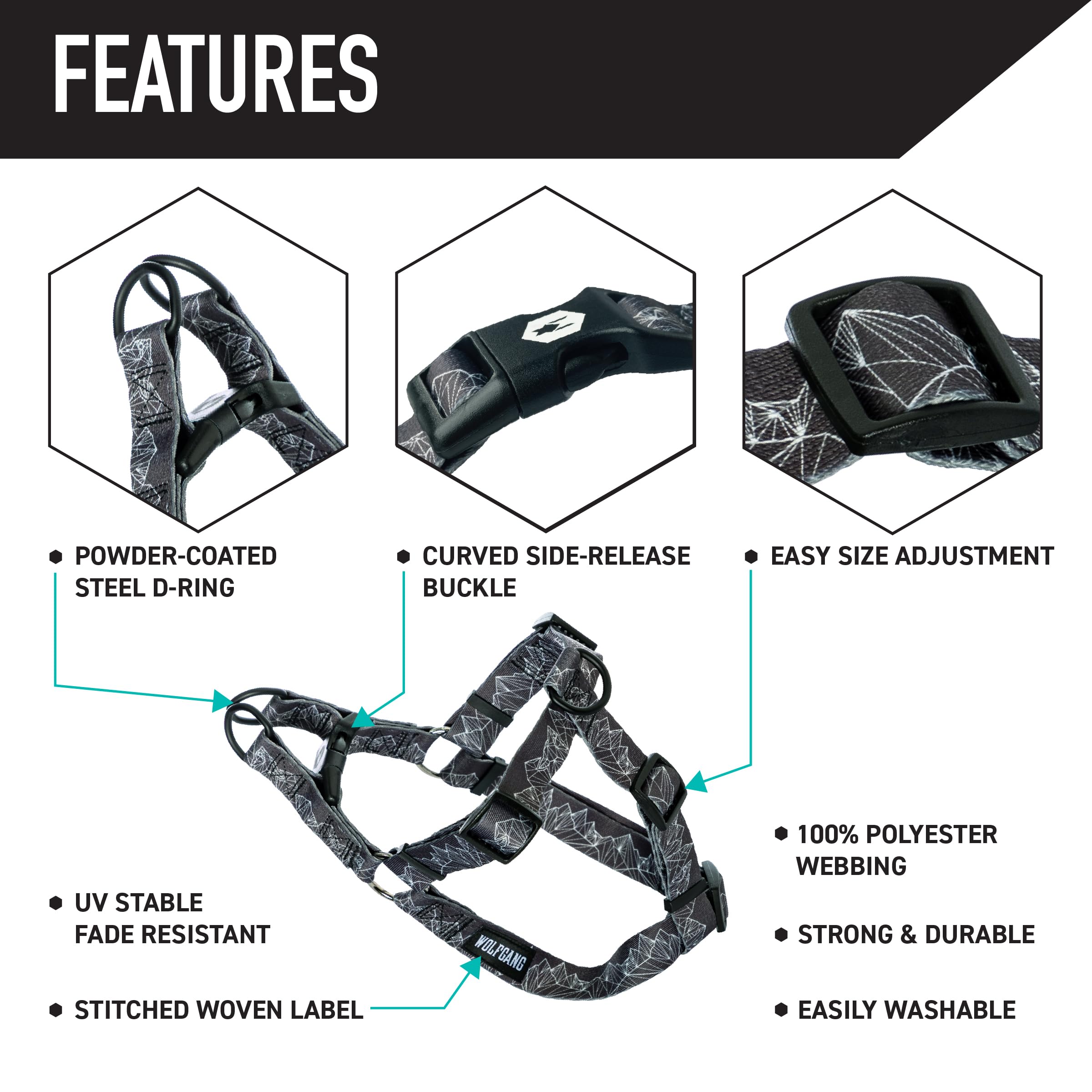 Wolfgang Heavy Duty Adjustable Dog Harness, Pull-Tested to Over 800 lbs for Walking & Training, WolfMountain Print, Large