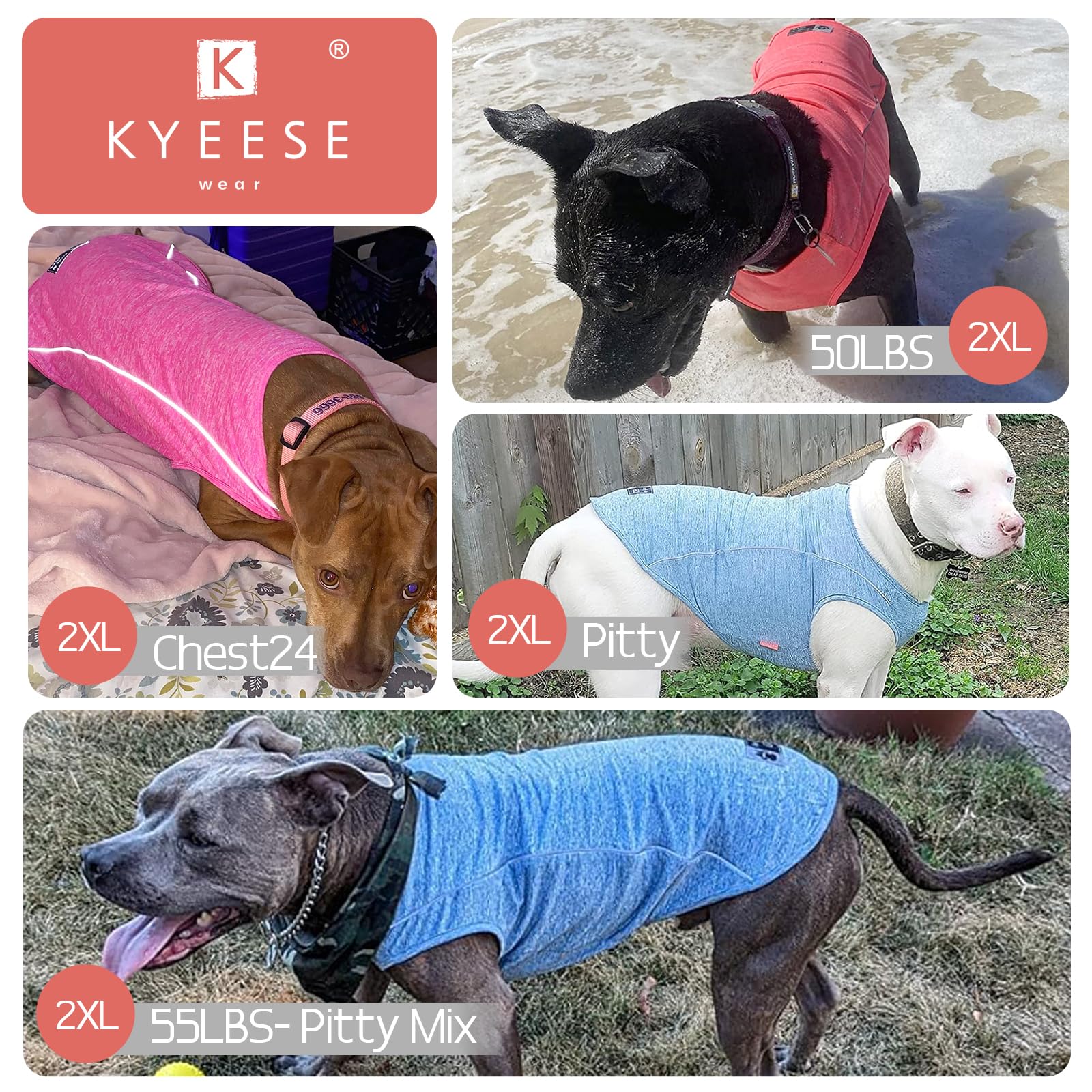 Kyeese 2Pack Dog Shirt For Medium Large Dog Breathable Stretchy T Shirt Breathable Stretchy Sleeveless Dog Vest,Lake Blue+Rose R