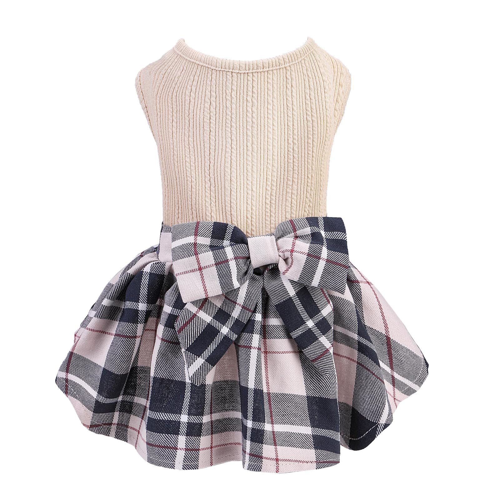 Pupteck Classic Plaid Dog Dress Pet Apparel With Cute Bowtie Puppy Clothes Outfit,Cream,M