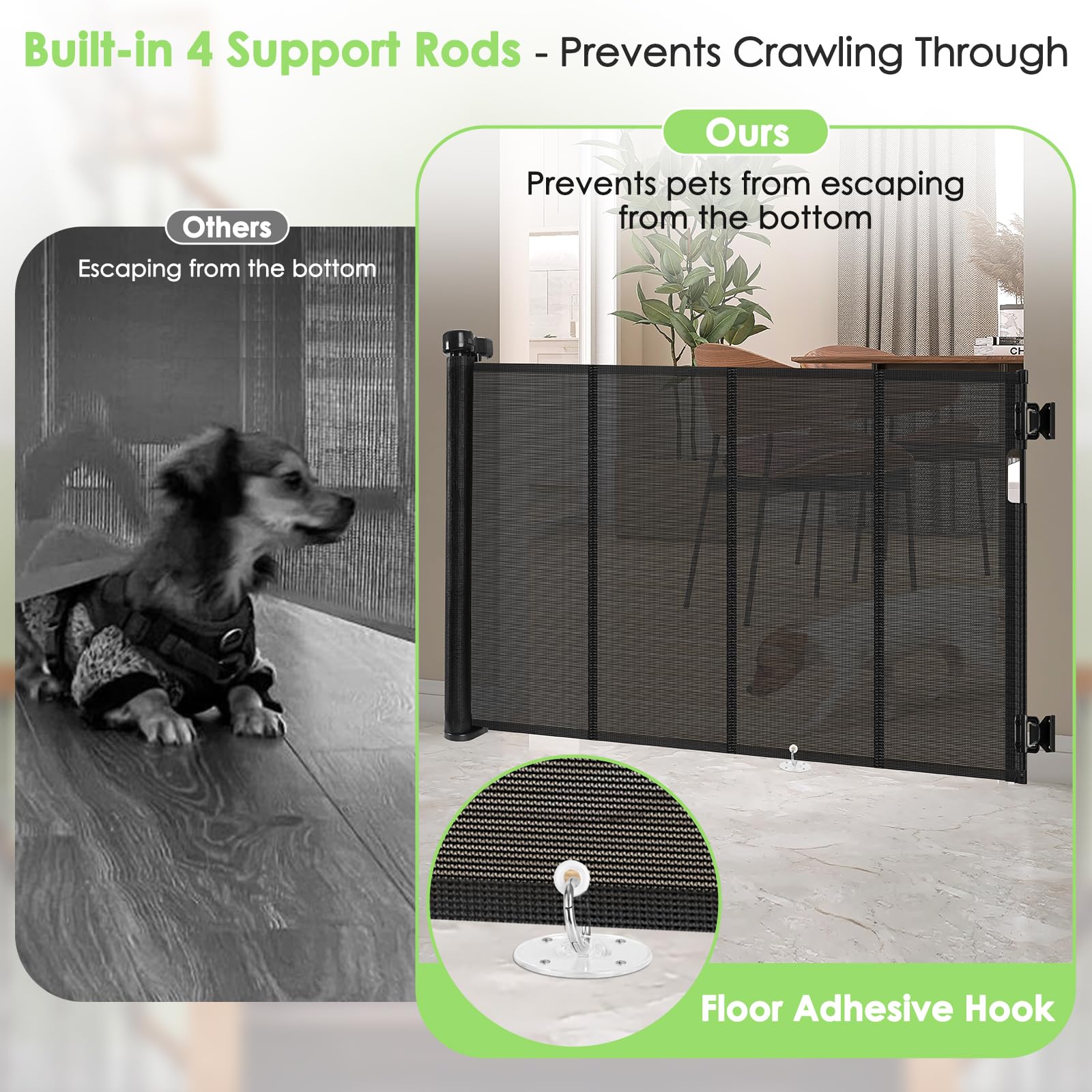 Reinforced Retractable Baby Gate for Stairs with Support Rods, 33'' Tall, Extends up to 55'' Wide, Mesh Stairway Gate Banister B