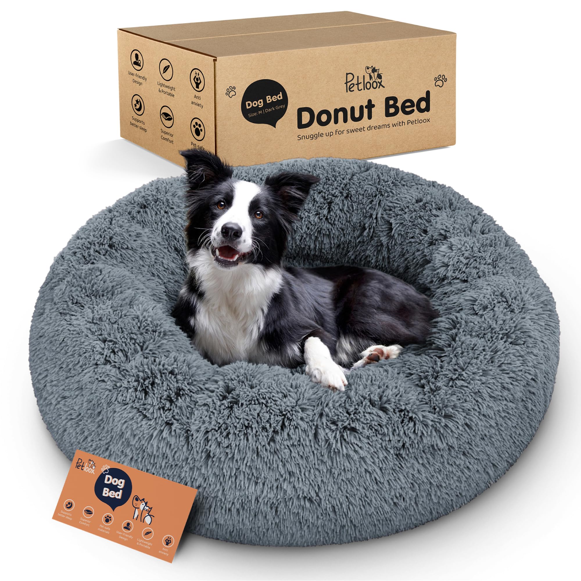 Petloox Donut Dog Bed - Premium Comfort For Anxiety Relief - Fluffy & Calming Design With Ultra-Plush Support | Cozy Round Dog B