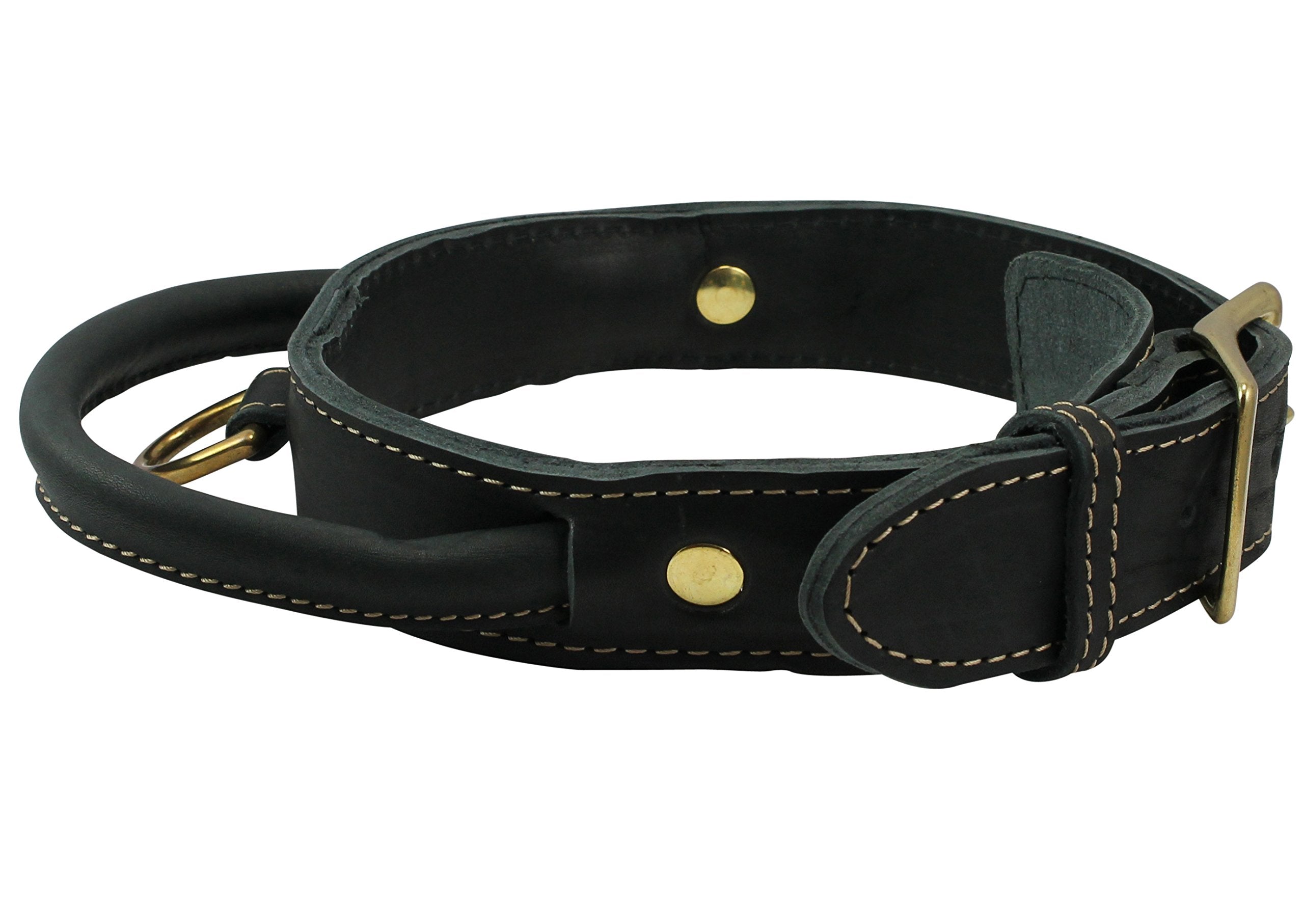Genuine Leather Dog Collar, Rolled Leather Handle Black (Large: Neck: 18'-21')