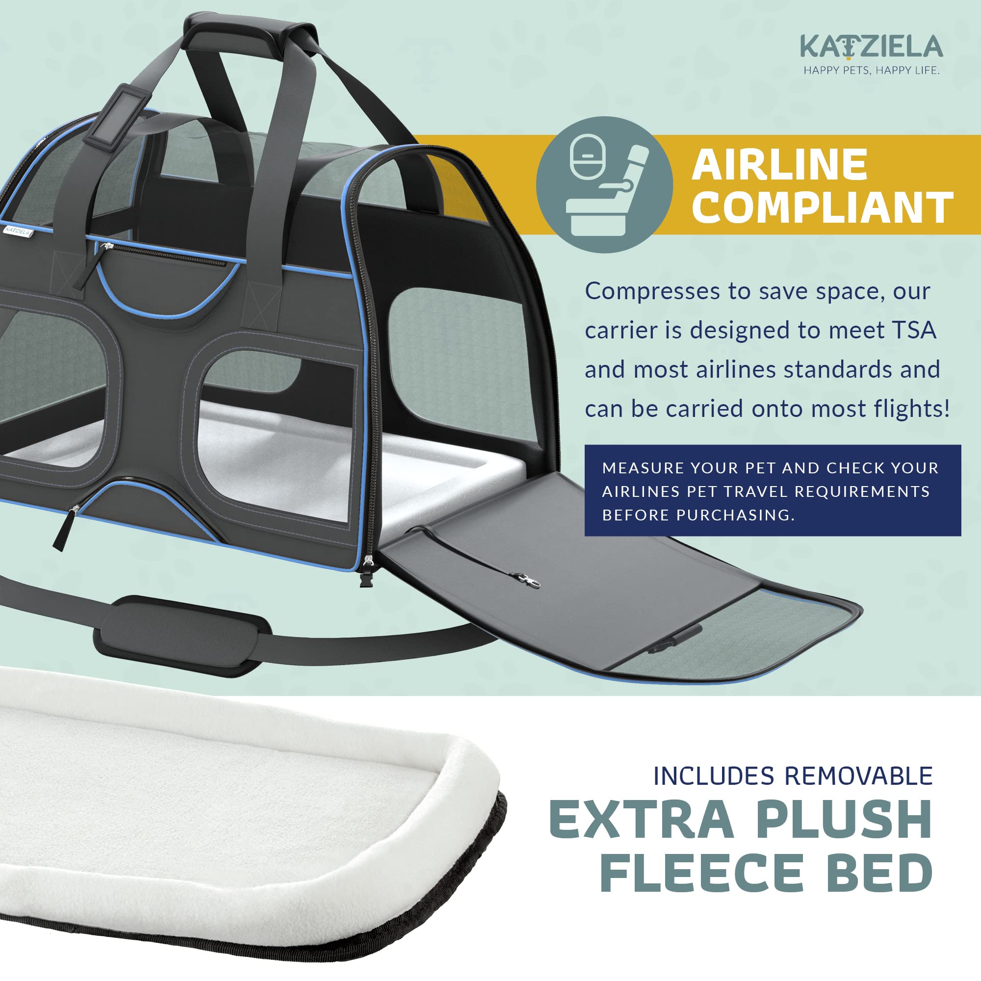 Katziela Pet Carrier - Airline Approved Dog Carrier - Tsa Approved Pet Carrier For Small Dogs And Cats - Soft Faa Travel Airplane Dog Carrier Luggage (Black/Blue)