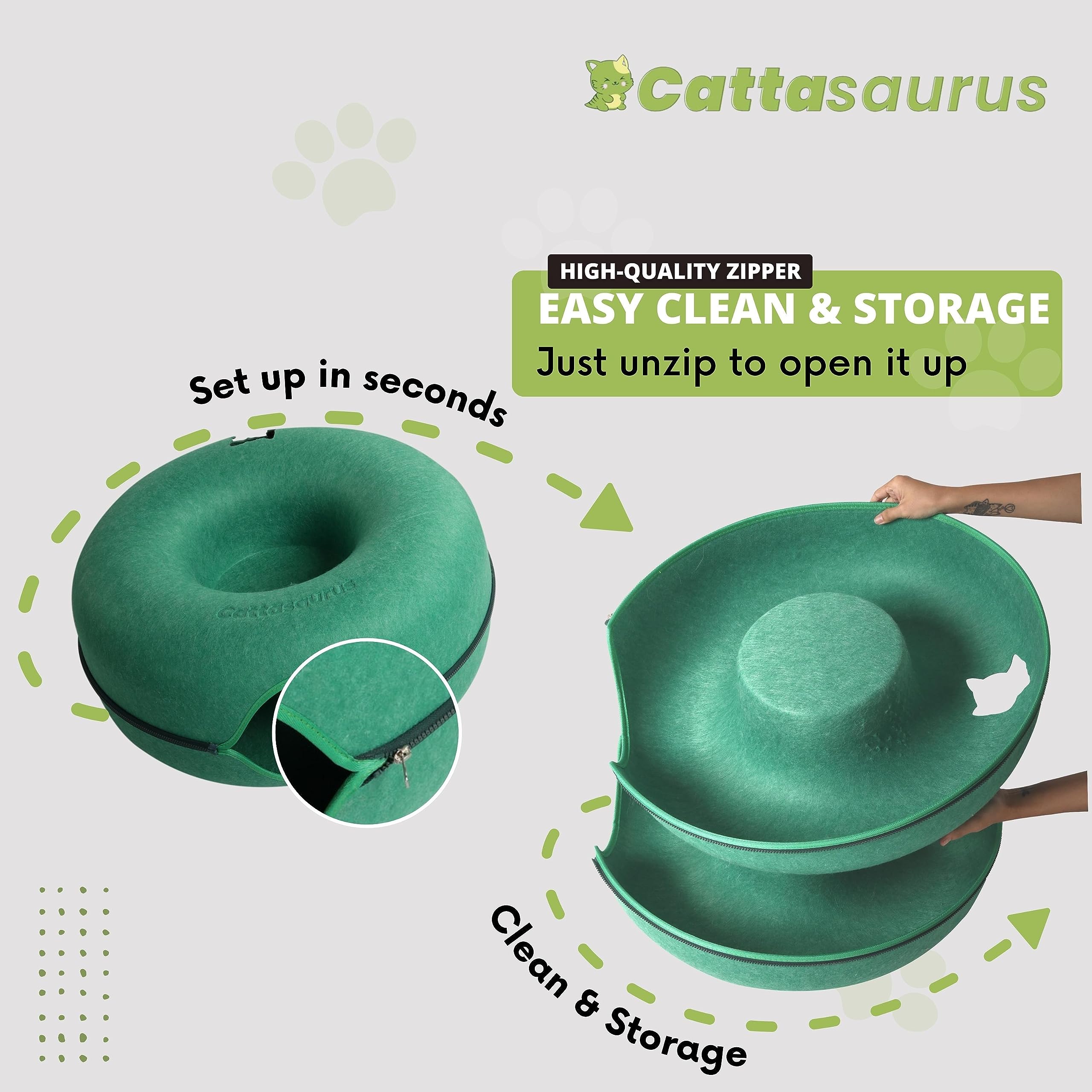 Cattasaurus Large Cat Cave - Scratch-Resistant Felt Tunnel Bed, Forest Green, Model PAB1701, Comfy for Cats Up to 45 Lbs