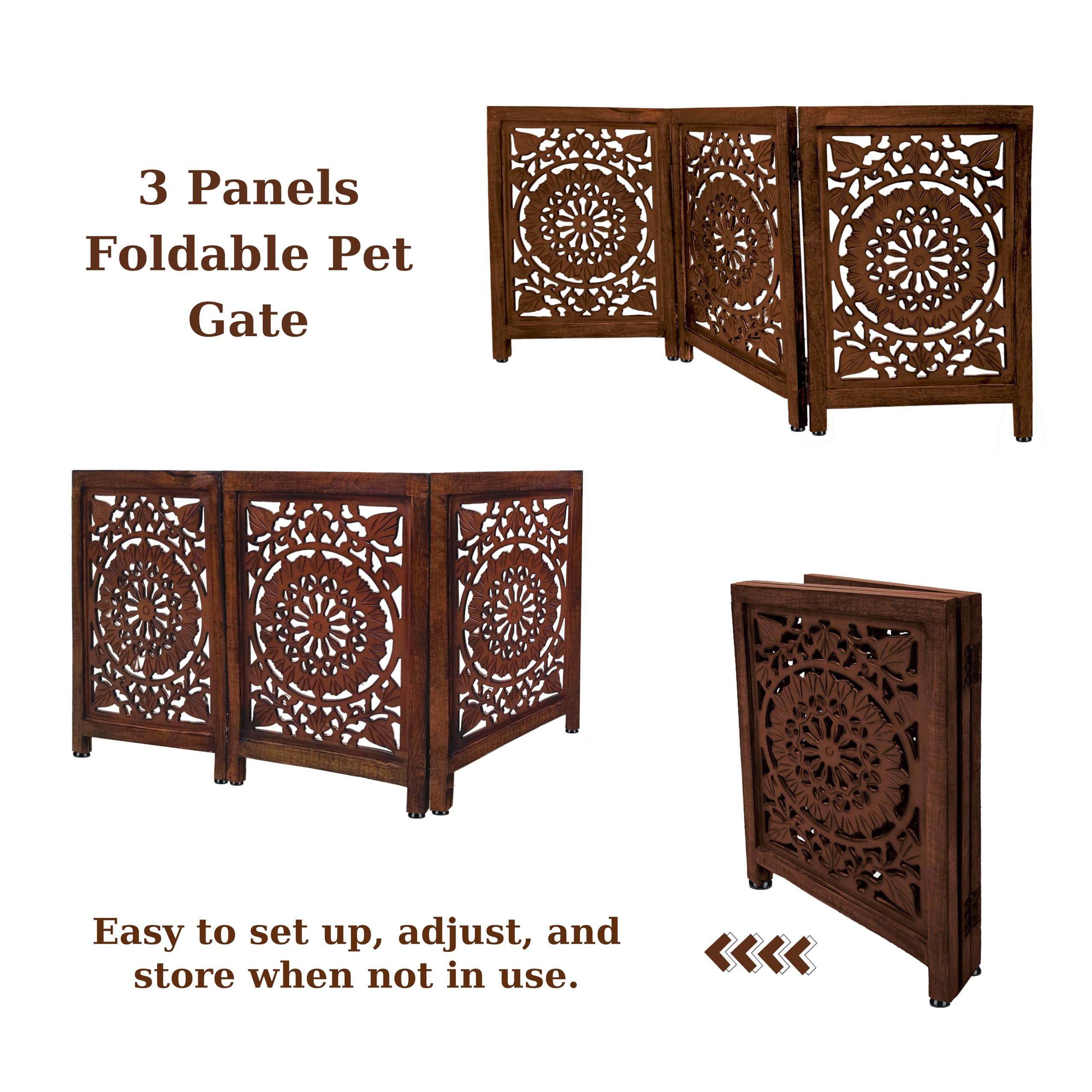Lightnpro Carved Wooden Dog Gate - Freestanding Foldable Indoor Pet Gate, Extra-Wide Safety Barrier for Dogs & Puppies, Ideal fo
