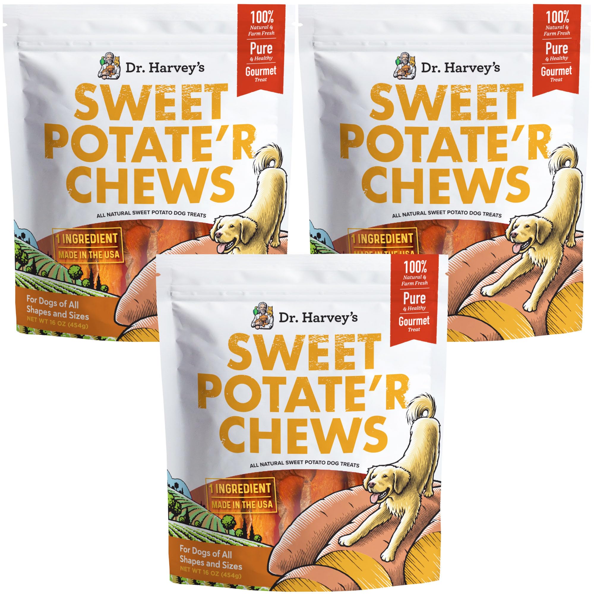 Dr. Harveys Sweet Potato Chews for Dogs, Dog Treats for Small, Medium, Large Dogs, Natural Dog Snacks for Training, Healthy Tee