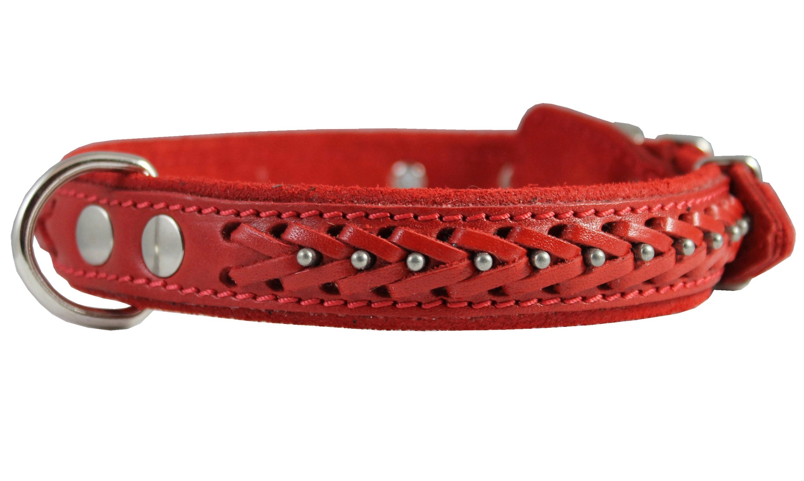 Genuine Leather Braided Studded Dog Collar, Red 1 Wide. Fits 14-18 Neck. Brittany, Collie, Harrier,