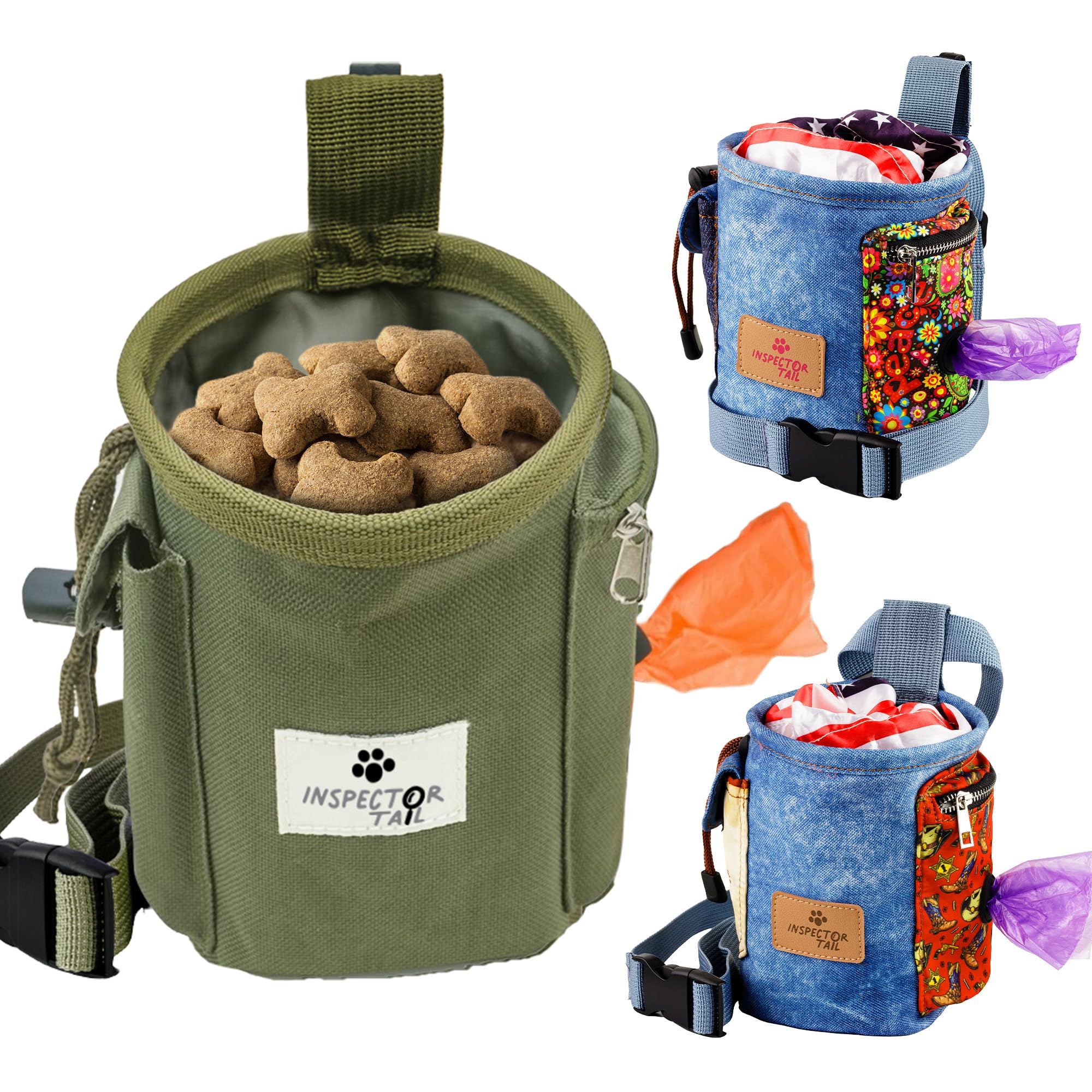 INSPECTOR TAIL Dog Treat Training Pouch with Built-in Poop Bag Dispenser & Quick Access to Snacks Toys  Convenient to Use with 3