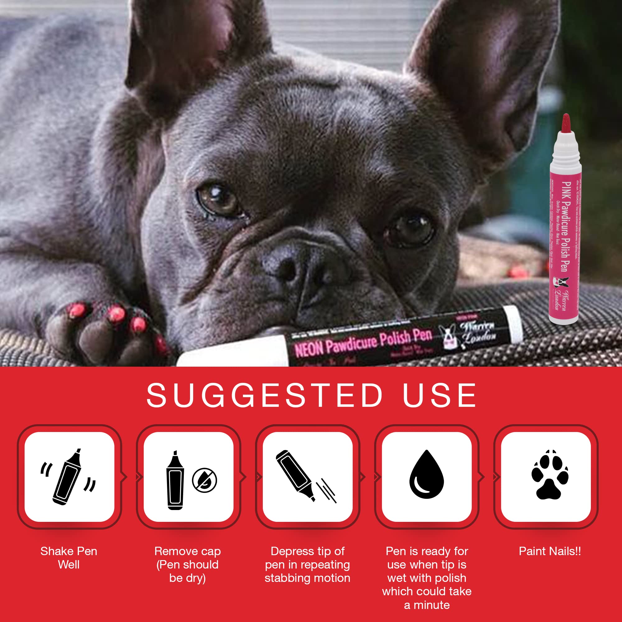 Warren London Pawdicure Dog Nail Polish Pens | Quick Dry, Low Odor, Non-Toxic Dog Accessories | Ideal For Dog Birthday, Dog Costume | Made In Usa | 13 Colors | Pink Purp Red