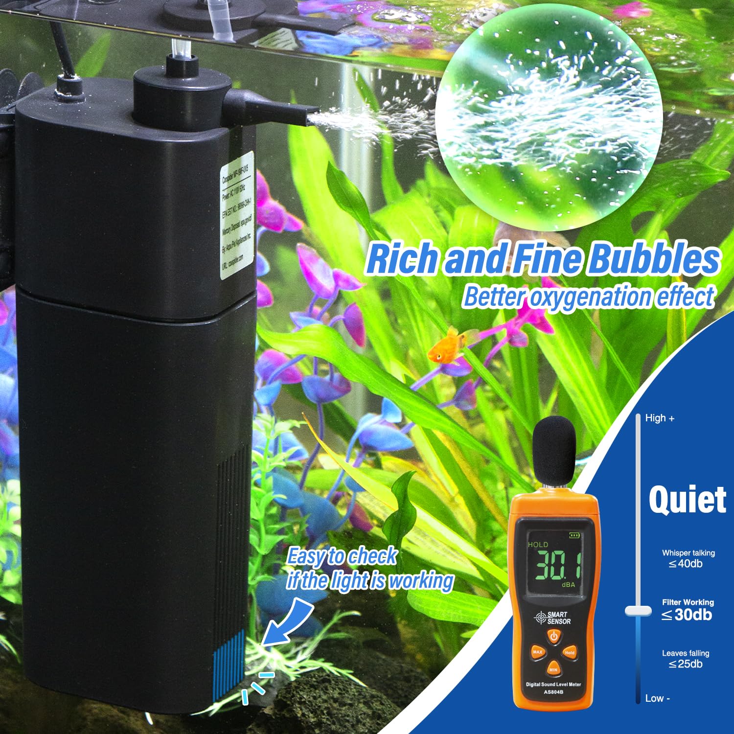 Aquarium U-V Filter For 10-40 Gal, 132 Gph Swirl Turbo Design Submersible Internal Turtle Fish Tank Filter W/Timer, Quiet Power