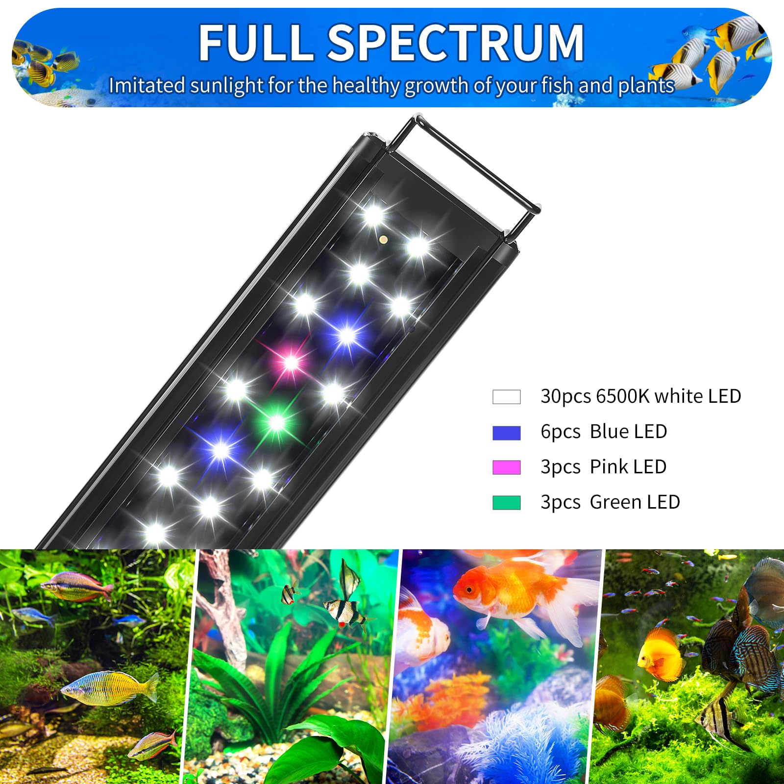 Aquaneat Led Aquarium Light Full Spectrum For 18 Inch To 24 Inch Fish Tank Light Fresh Water Light Multi-Color
