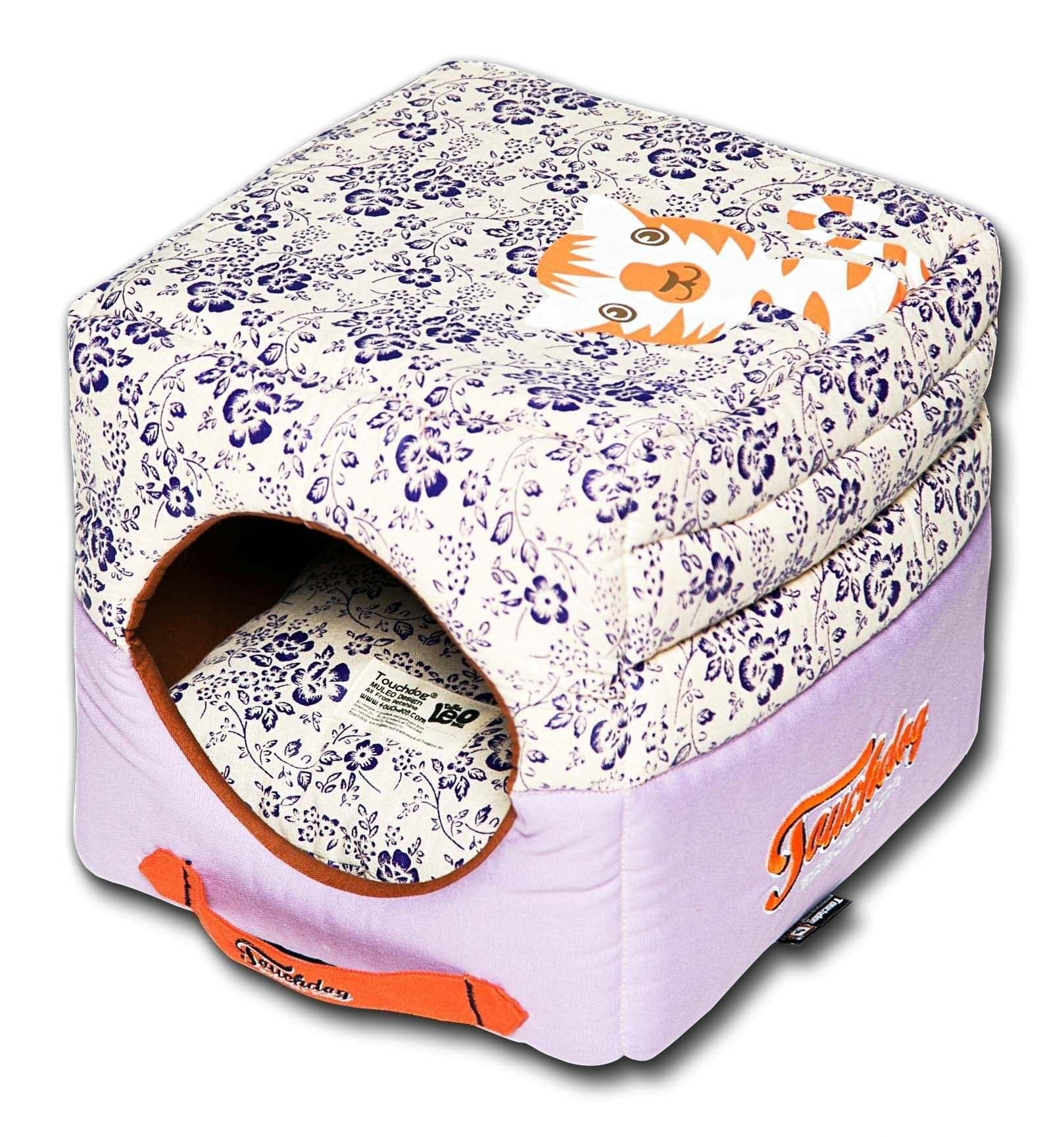 TOUCHDOG 'Floral-Galoral' Convertible Squared 2-in-1 Fashion Designer Collapsible Pet Dog Bed House, One Size, Lavender Purple, Cream White