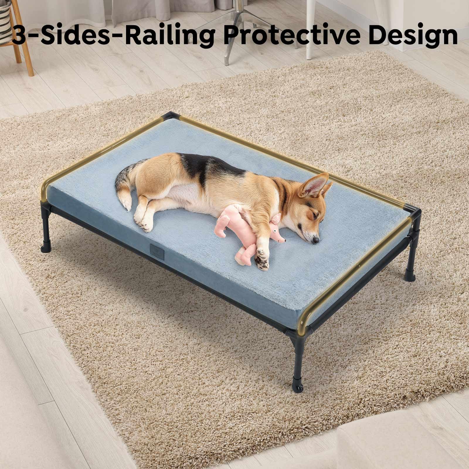 Veehoo Elevated Raised Dog Bed+Removable Dog Bed Mat-Cooling Outdoor Medium Pet Cot Three-Sided Guardrail Raised Pet Cot Elevate