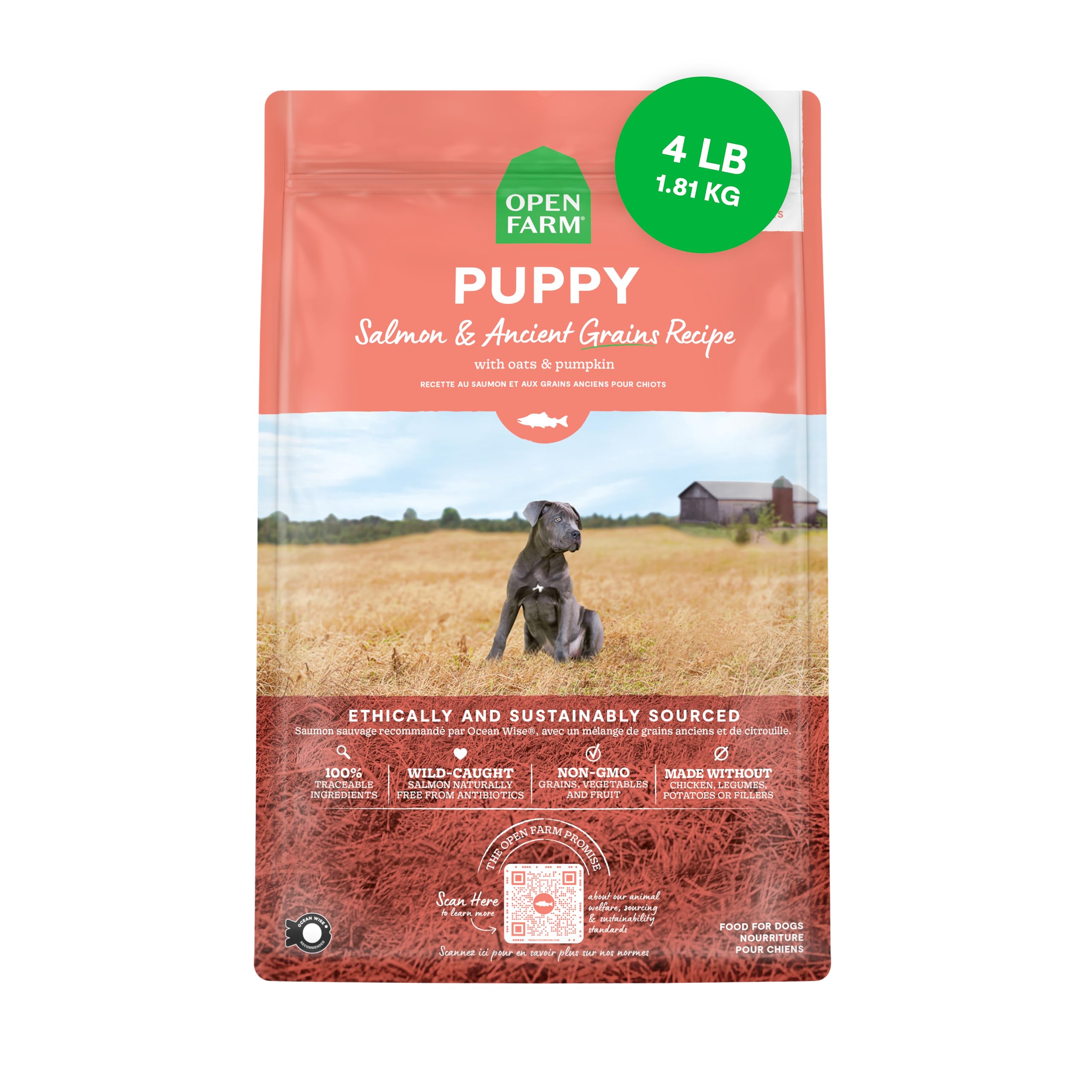 Open Farm, Ancient Grains Dry Dog Food for Puppies, Protein-Rich & Nutrient Dense, 90% Animal Protein Mixed with Non-GMO Fruits,