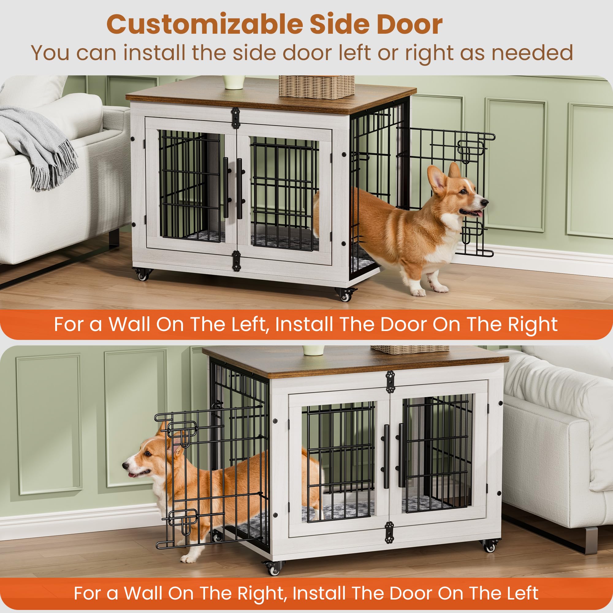 Lulive Dog Crate Furniture for Medium Dogs, 32" Wooden Kennel with Cushion & Wheels, White, Model PT007402