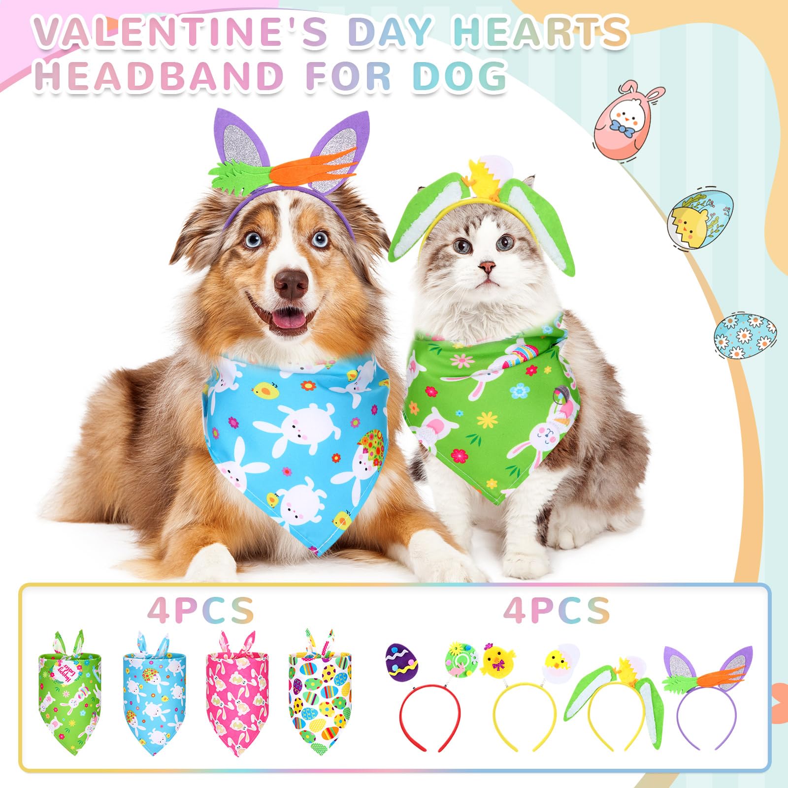 Miniinflat 8 Pieces Easter Dog Costume Set 4 Bunny Headbands For Dogs 4 Bandanas Sequin Egg Boppers For Small, Medium & Large Pe