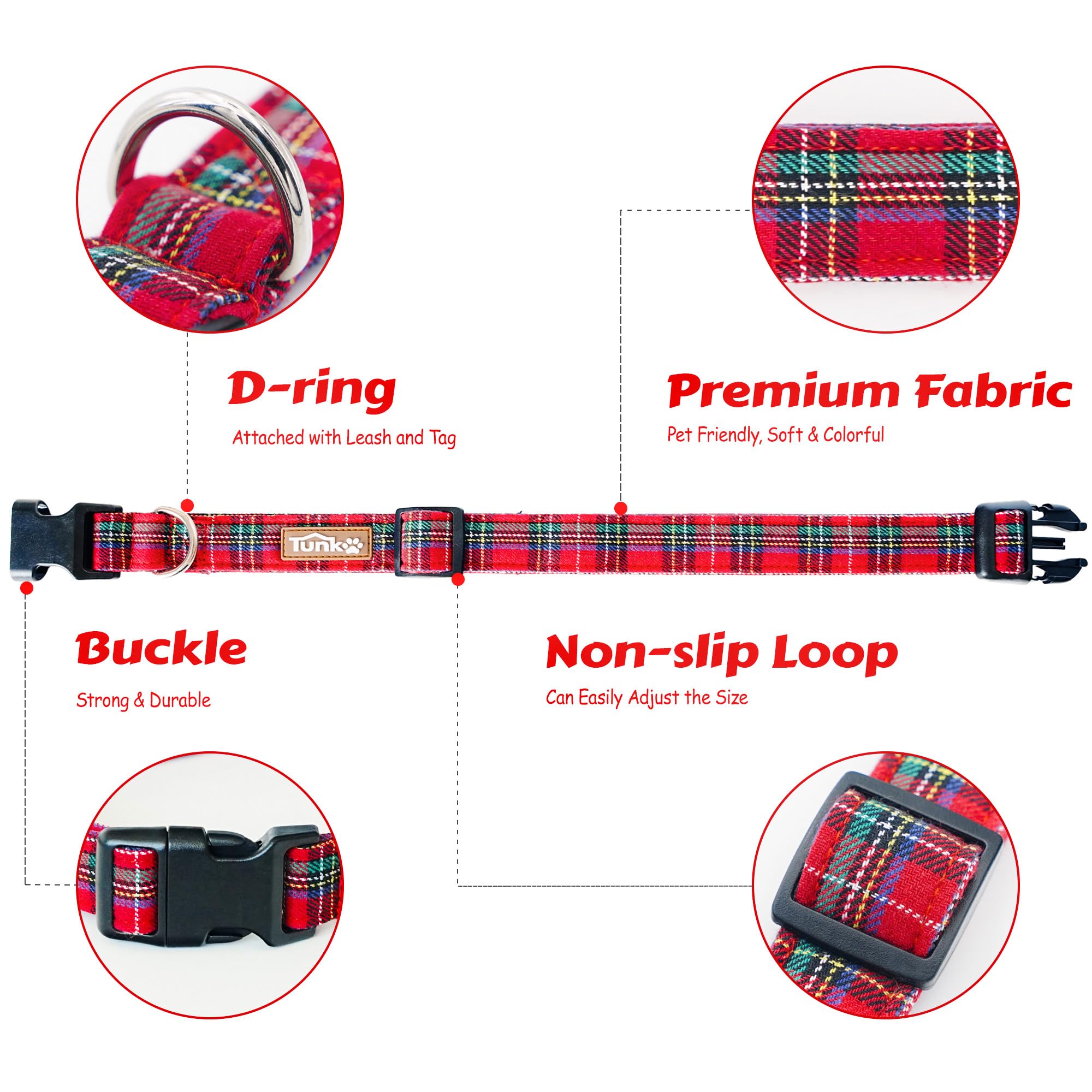 Tunkoo Christmas Classic Plaid Collar Premium Cotton Puppy Collar - Adjustable Collar With Strong Plastic Bucle Gifts For Small