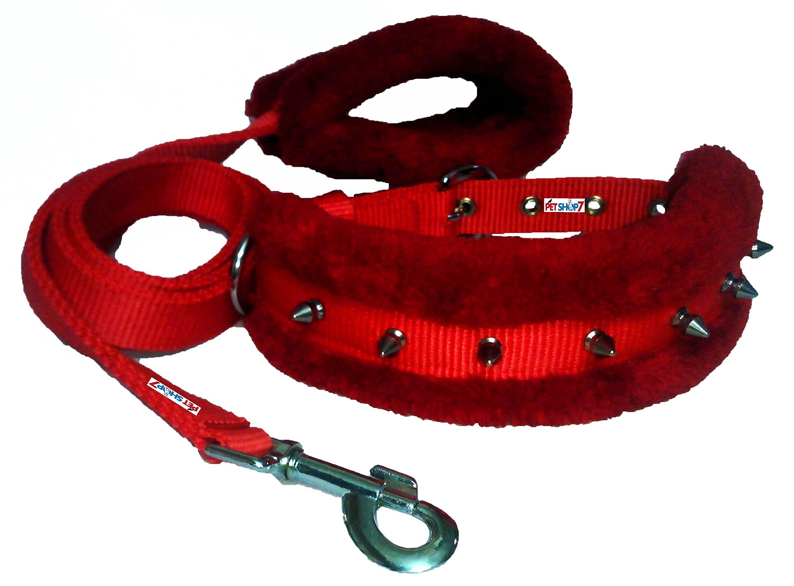 Petshop7 Nylon Fur Padded Spike Dog Collar & Dog Leash  Medium (Adjustable Neck Size : 1417Inch) Red