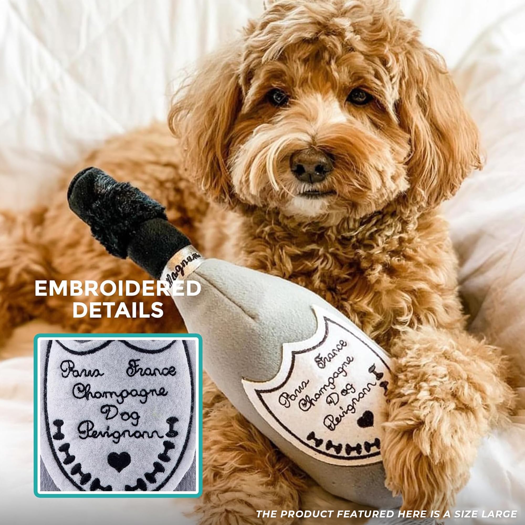 Haute Diggity Dog Champagne Dog Perignonn, Plush Designer Dog Toys with Interactive Squeaker, Stimulating Pet Enrichment, Machin