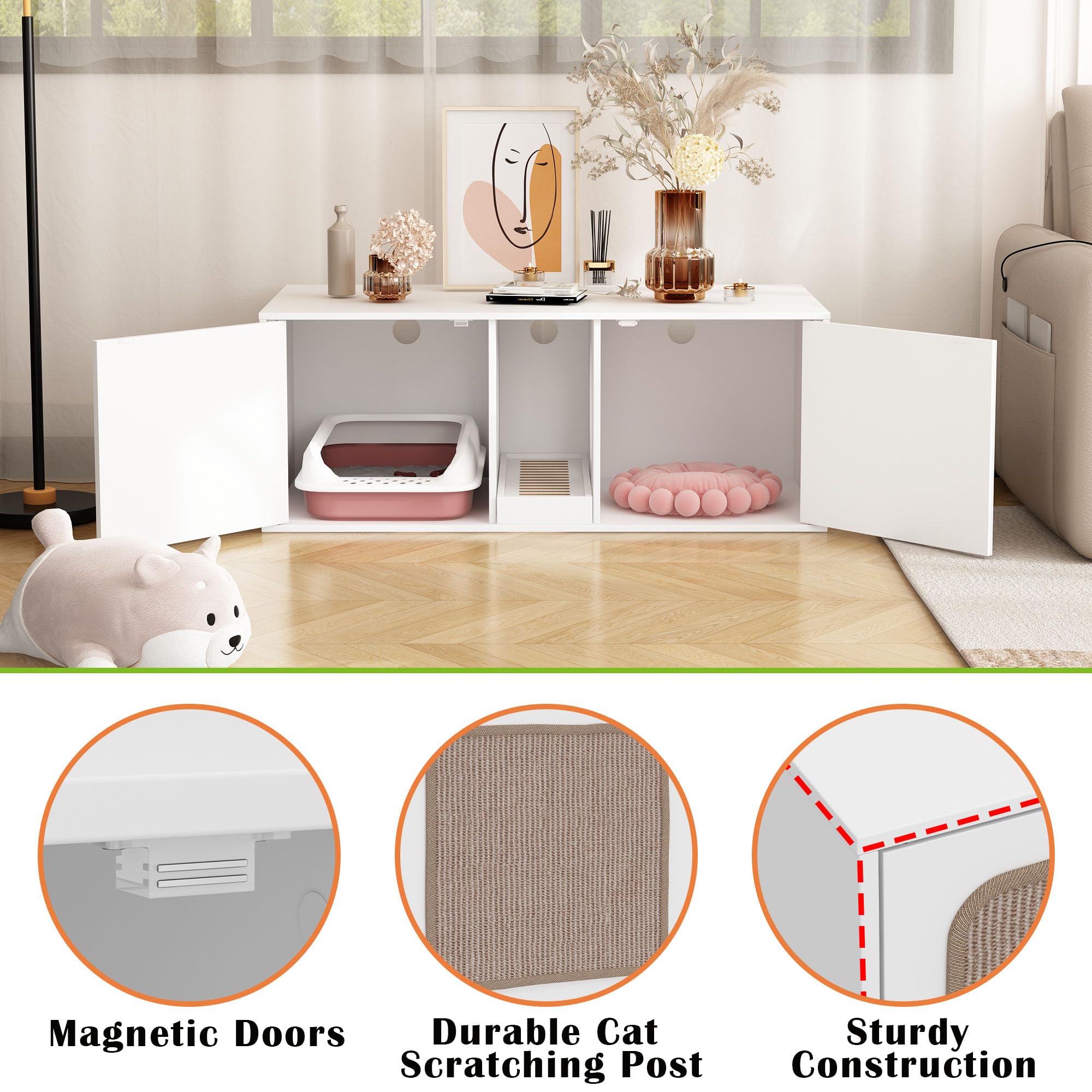 Lovinouse Cat Litter Box Enclosure For 2 Cats, Modern Wood Stackable Large Cat Washroom Storage Cabinet Bench End Table Furnitur