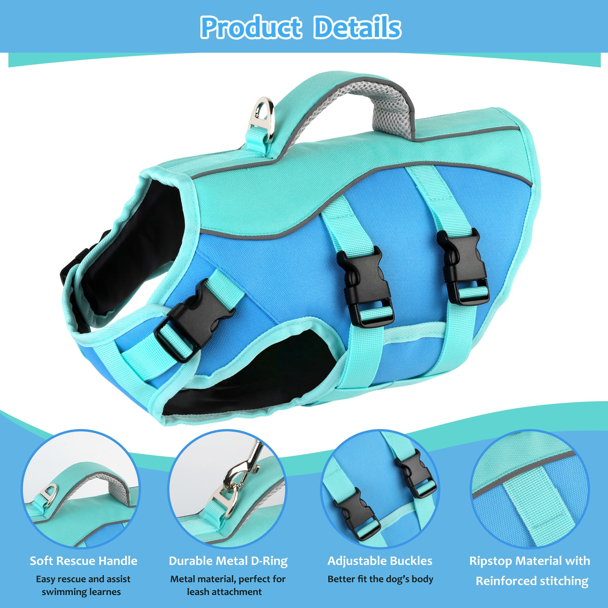 Petglad Dog Life Jacket - Reflective Vest with Handle, Adjustable, High Buoyancy, Medium Size, Blue for Small to Large Dogs