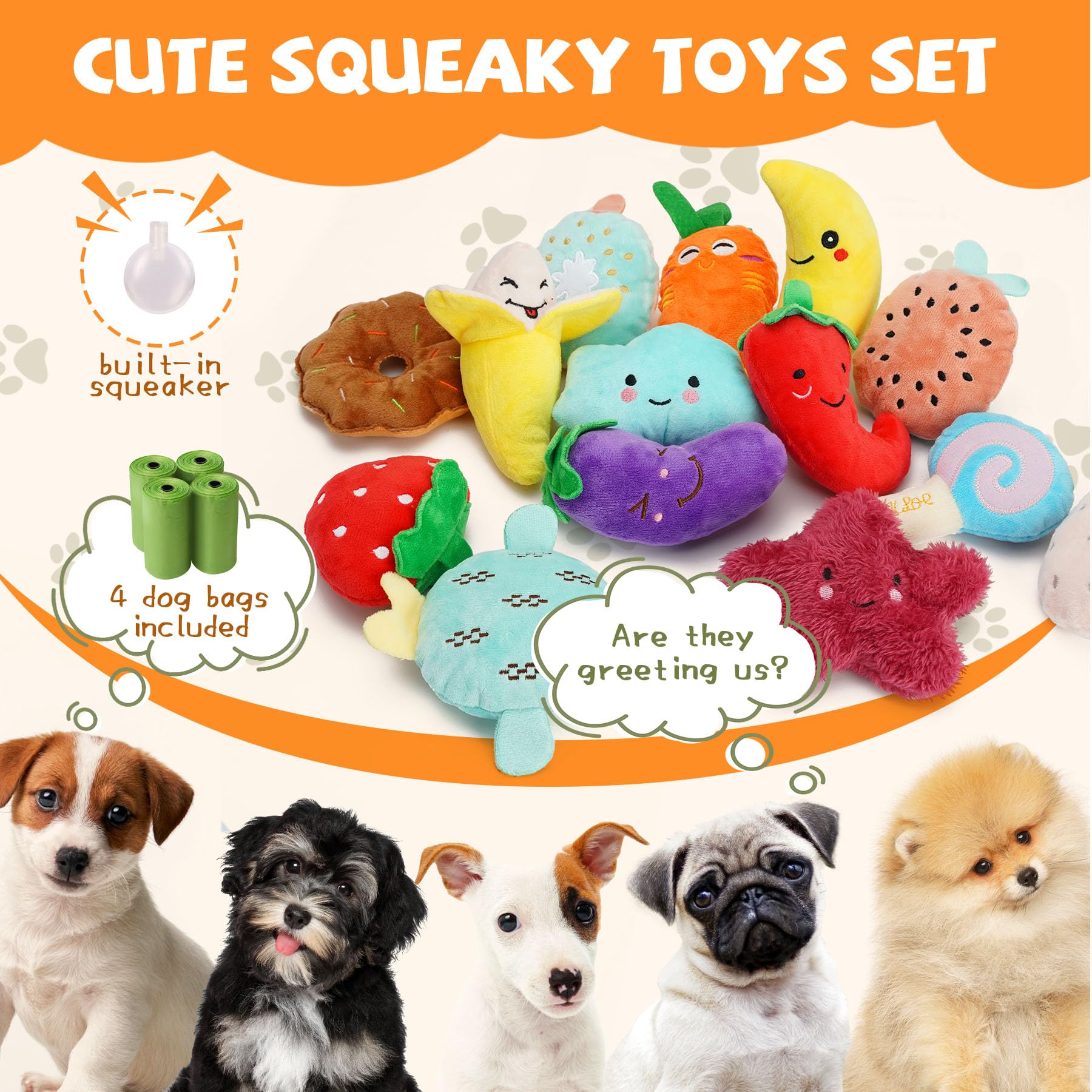 Qtwoof Charming Chorus 20-Pack Squeaky Toys Set - 4 Bags, Plush Puppy Toys With Cute Characters For Small Dogs, Interactive Sque