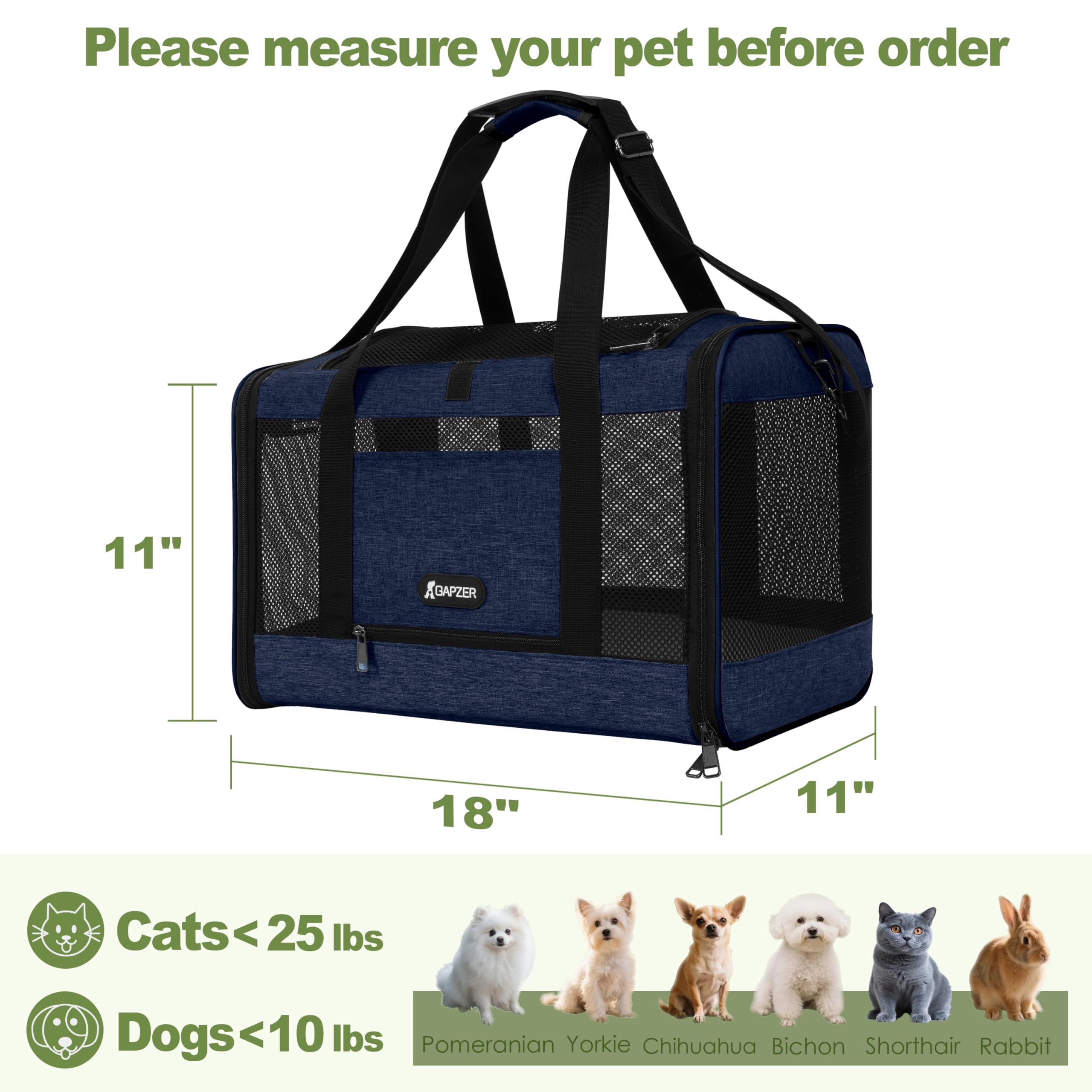 GAPZER Cat Carrier 18x11x11 United Airline Approved, Top Loader Heavy Duty Softshell Pet Flying Bag 18lbs, Small Dog Chihuahua C