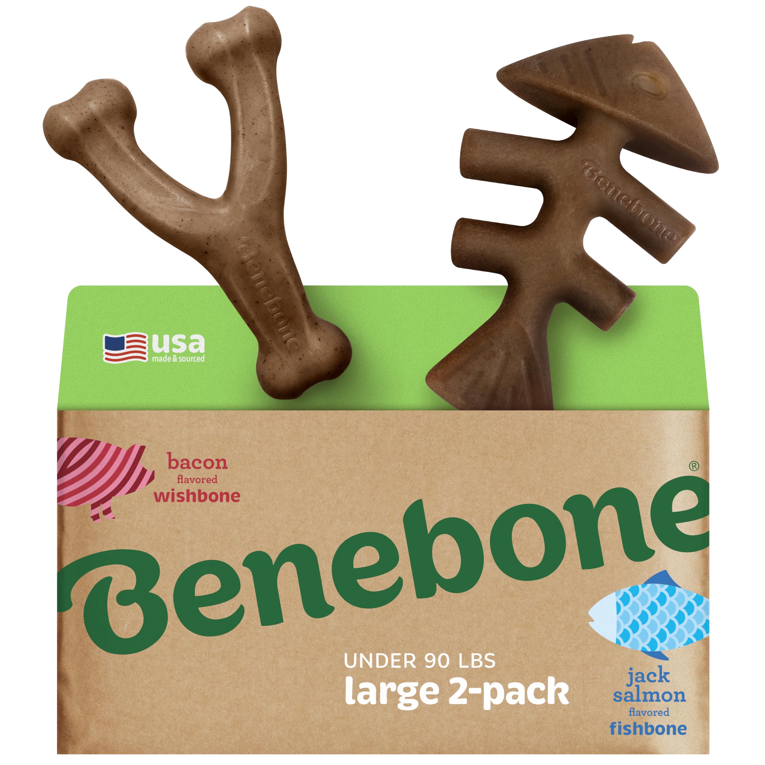 Benebone 2-Pack Fishbone/Wishbone Durable Dog Chew Toys, Real Fish, Real Bacon, Made In Usa, Large