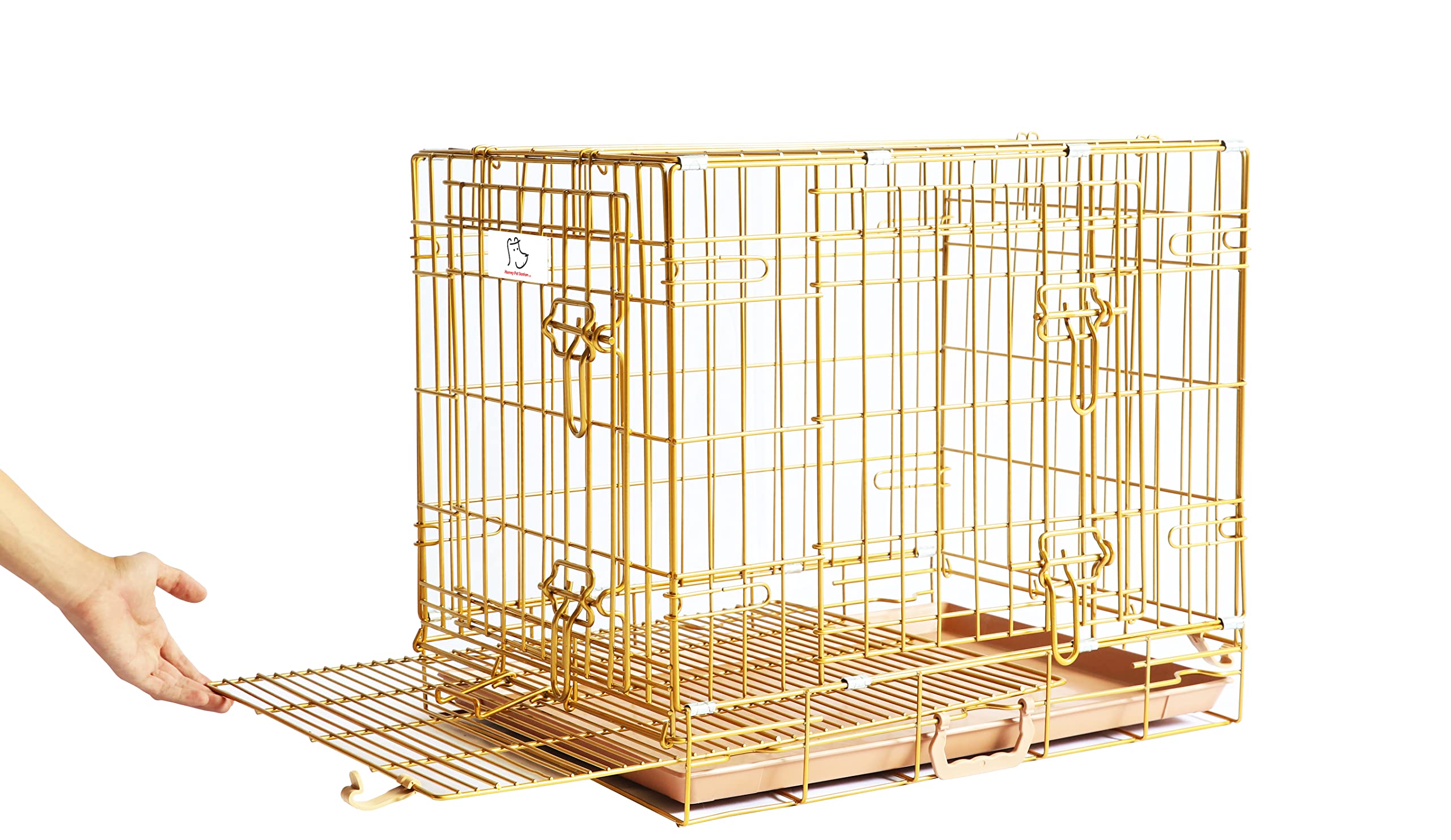 Homey Pet 24'' Gold Color Folding Design Dog Crate Puppy Ertra Small Breed Dog Kennels With Removable Floor Grid And Pull Out Tr