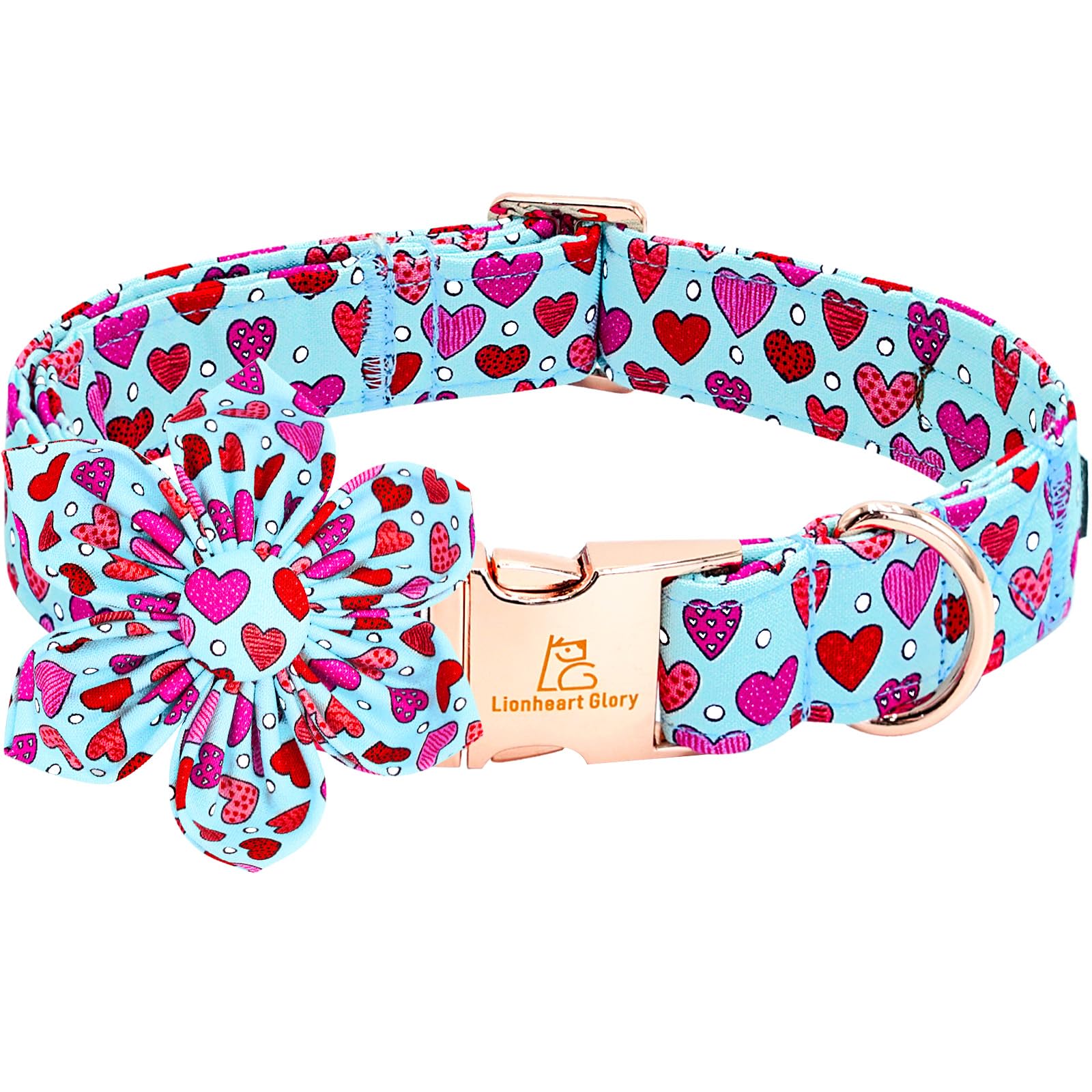 Lionheart Glory Valentine'S Day Dog Collar-Red Hearts Print Dog Collar With Flower For Small Dogs Spring Blue Cute Dog Bow Colla
