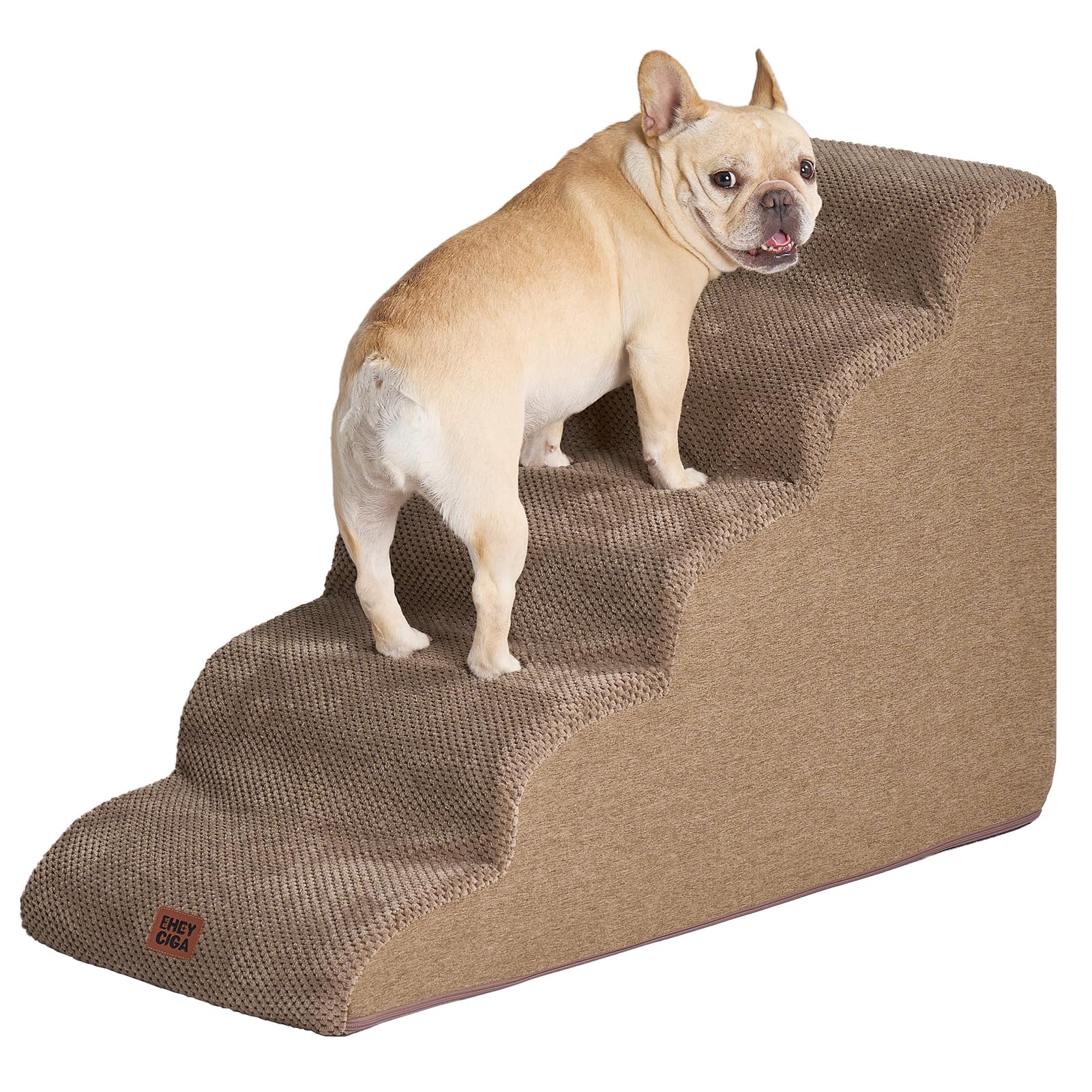 EHEYCIGA Curved Dog Stairs Ramp - 5-Step Pet Steps for High Beds, Non-Slip, Camel Color, Model ECUS23PPT10FB25FI