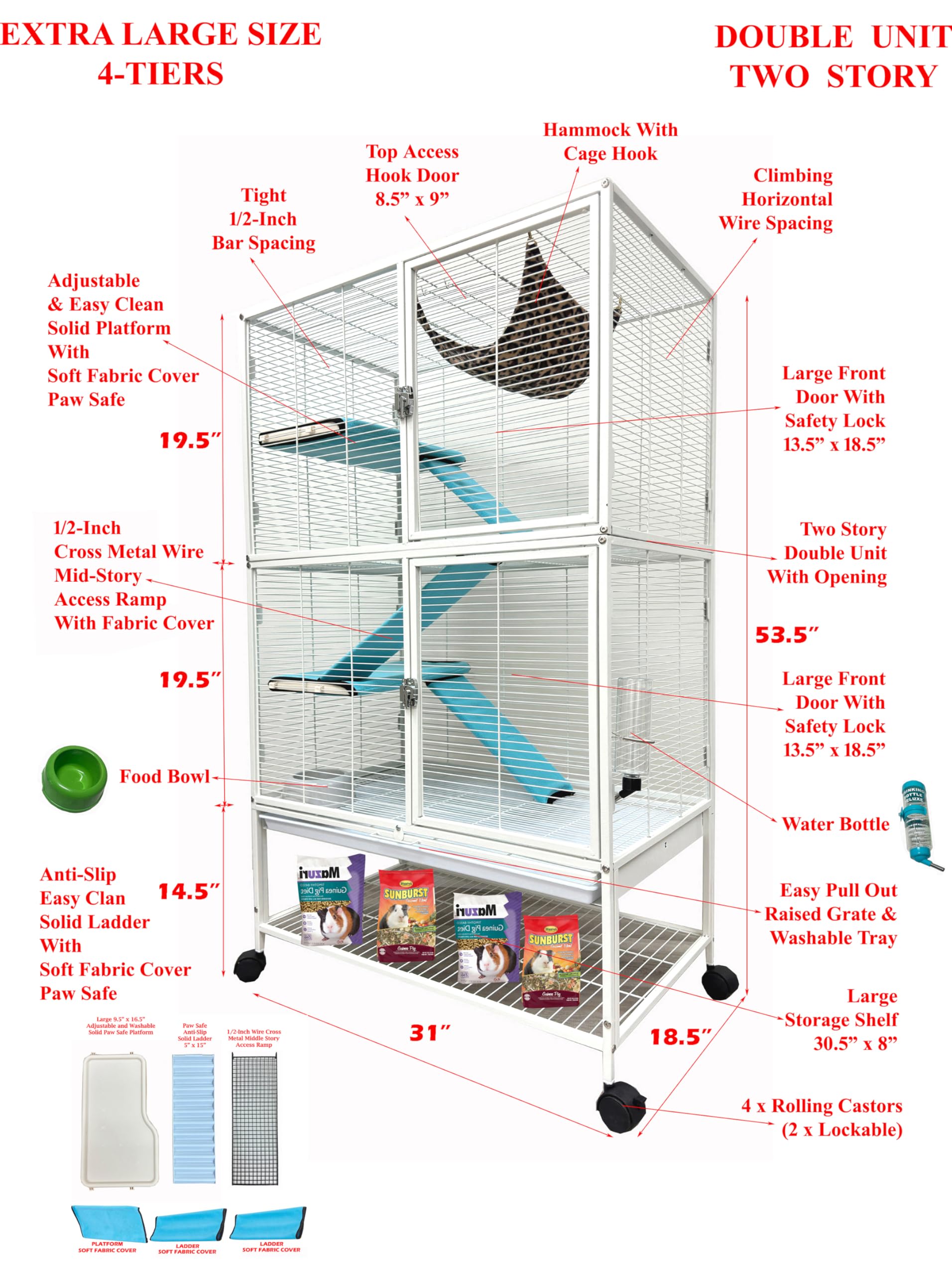 X-Large 31''X18.5''X53.5''H 4-Tiers Deluxe Two Full Story Double Unit Double Large Front Doors Tight 1/2-Inch Wire Spacing For F