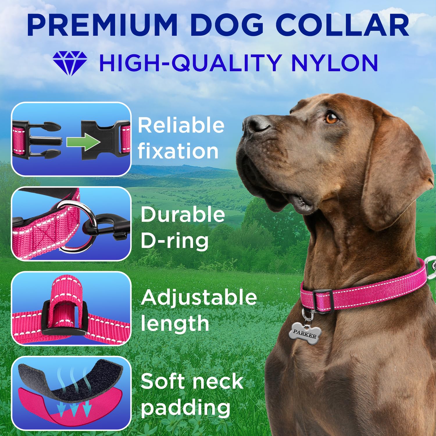 Teceum Reflective Pet Collar - Hot Pink - Xs - Extra Soft Padding - Basic Nylon Dog Collar - Quick Release Buckle - Fits Small,