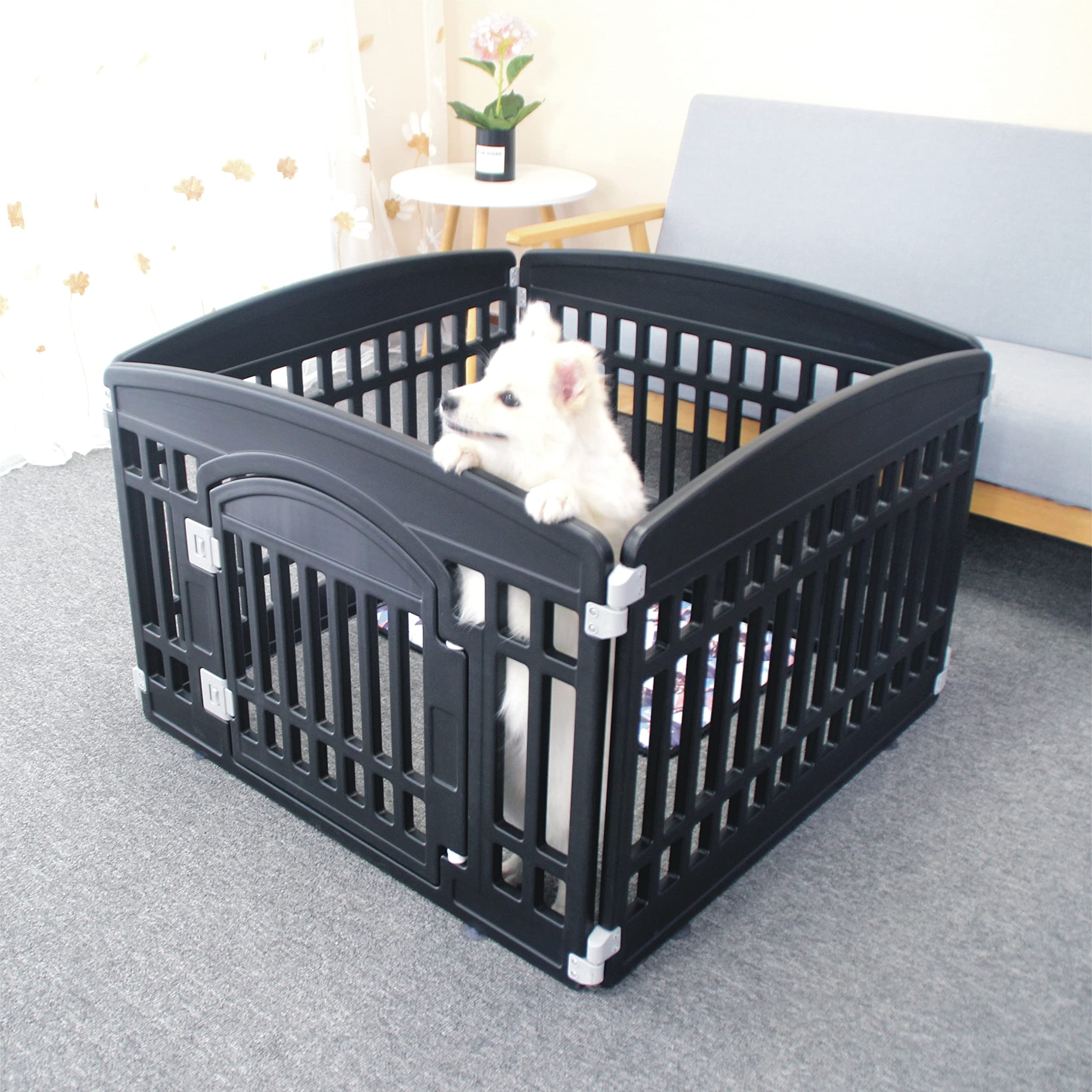 Pet Playpen With Mesh Fabric Top Cover Foldable Gate For Dogs Heavy Plastic Puppy Exercise Pen Small Pets Fence Puppies Folding Cage 4 Panels For Puppies And Small Dogs House Black (33.5X33.5 Inches)
