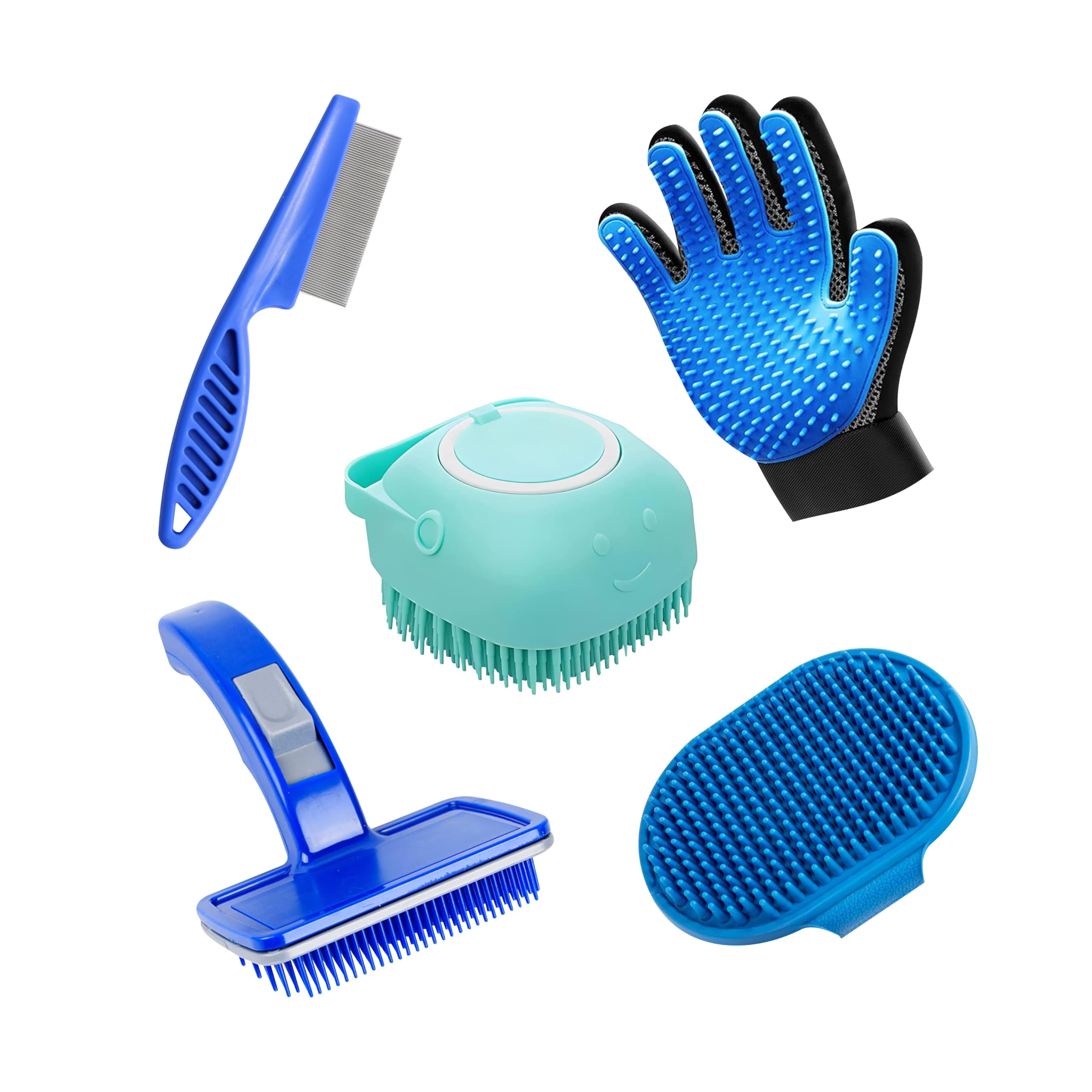 S.Blaze Dog Comb Combo Of Blue Dog Flea Comb, Grooming Glove, Bath Brush, Plum Massager And Slicker Brush