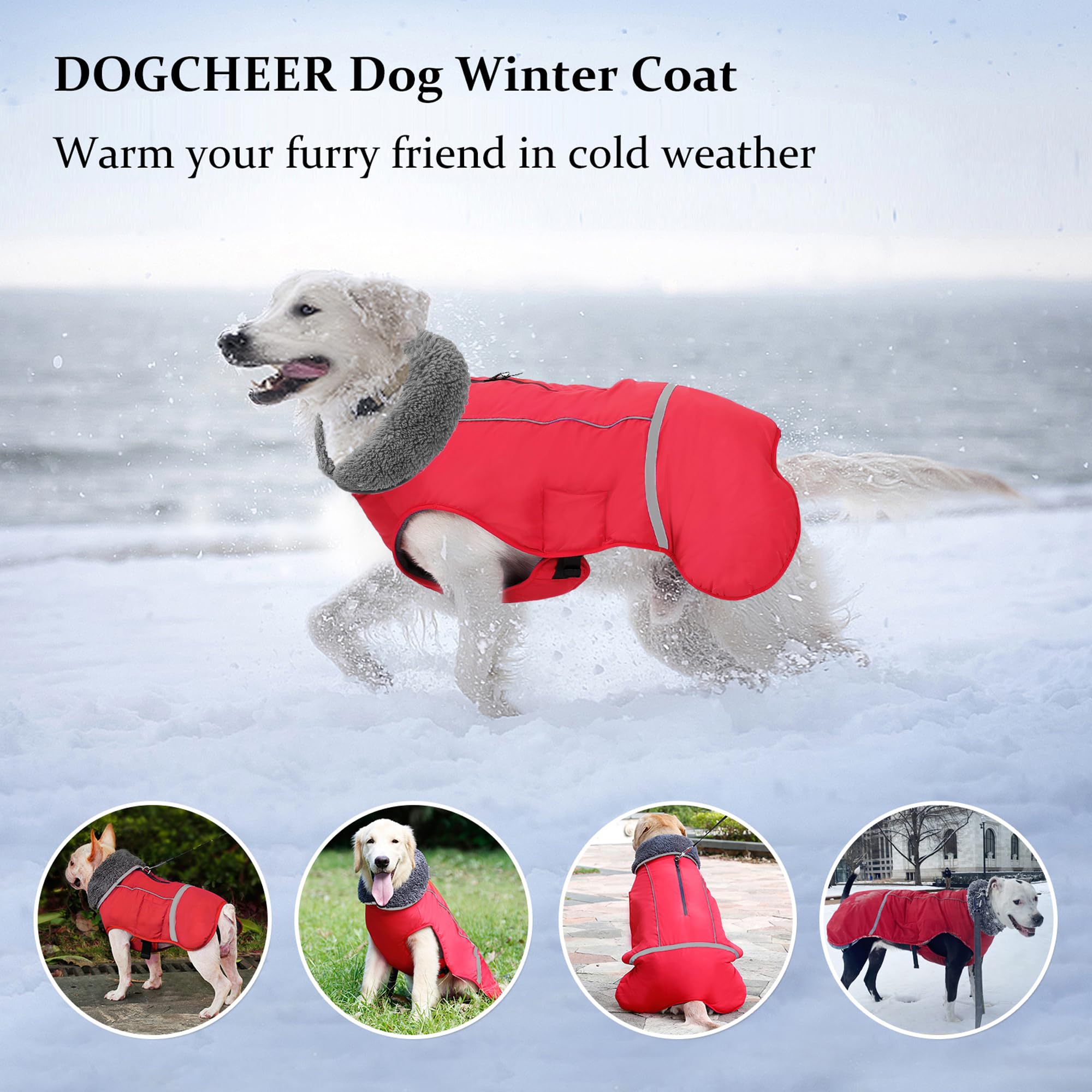 Dogcheer Warm Dog Coat, Waterproof Dog Jacket Winter Coat Turtleneck Windproof Pet Cold Weather Coats, Reflective Adjustable Dog Snow Jacket Fleece Sweater For Small Medium Large Dogs -Red M