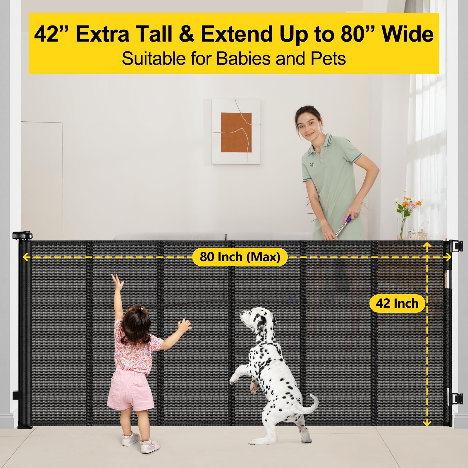 Bingguz Retractable Baby Gate - Reinforced 42" Tall x 80" Wide, Black, Extra Tall Pet Gate for Large Openings, Model C-33
