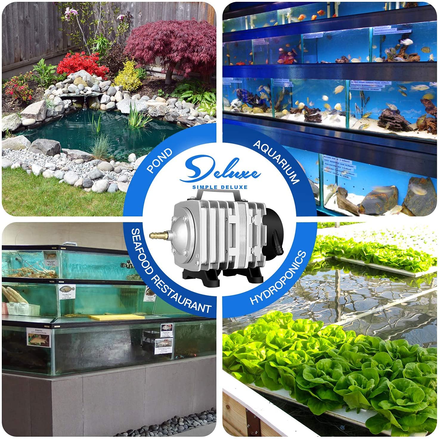 Simple Deluxe Lgpumpair65 Air Pump 1030 Gph 35W 65L/Min 6 Adjustable Air Flow Outlets With Airline Tubing 25 Feet For Aquarium, Pond, Hydroponics System, Silver