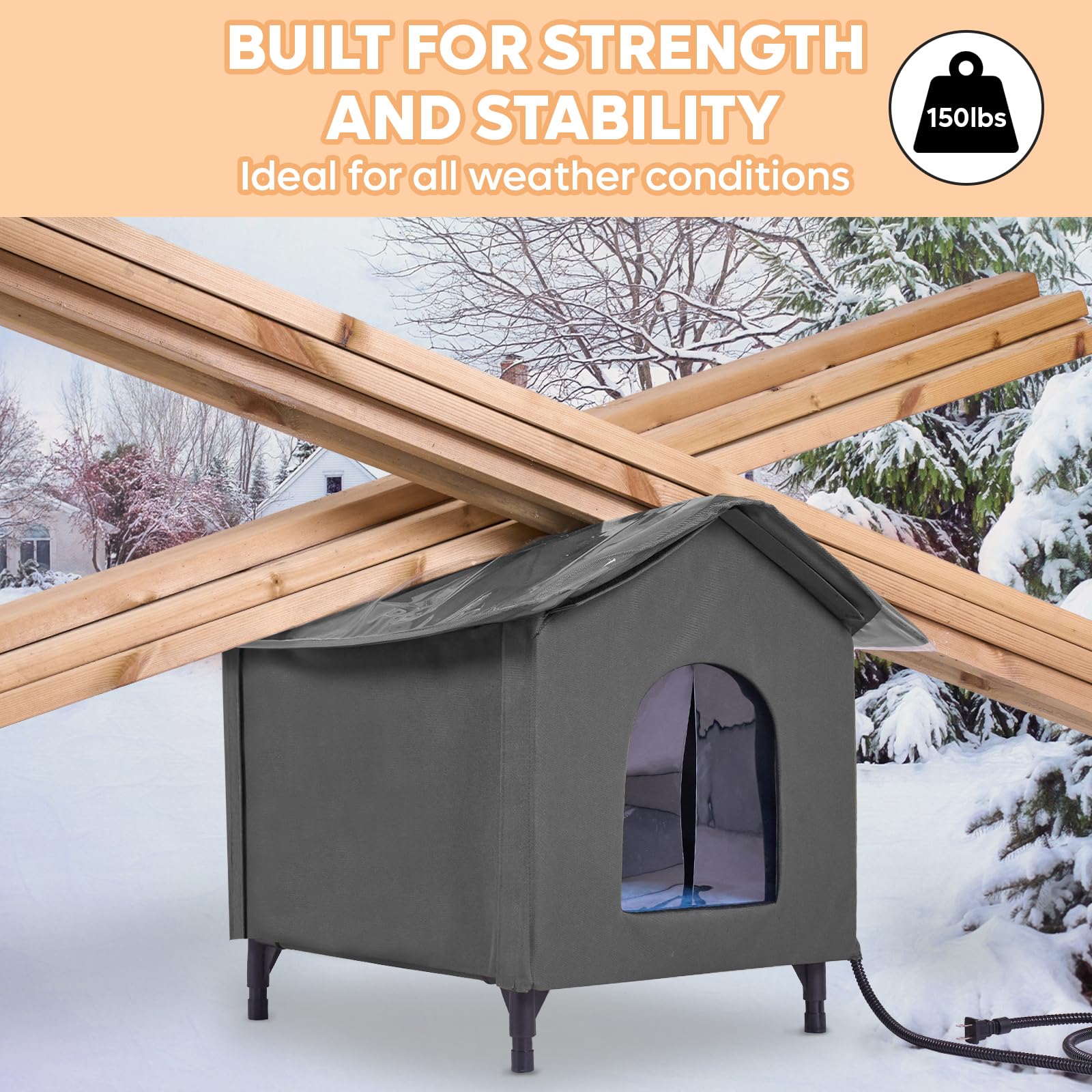 Bestier Large Heated Outdoor Cat House - Weatherproof Feral Cat Shelter with Timer & Heating Pad, Insulated, Grey, Model P200152G