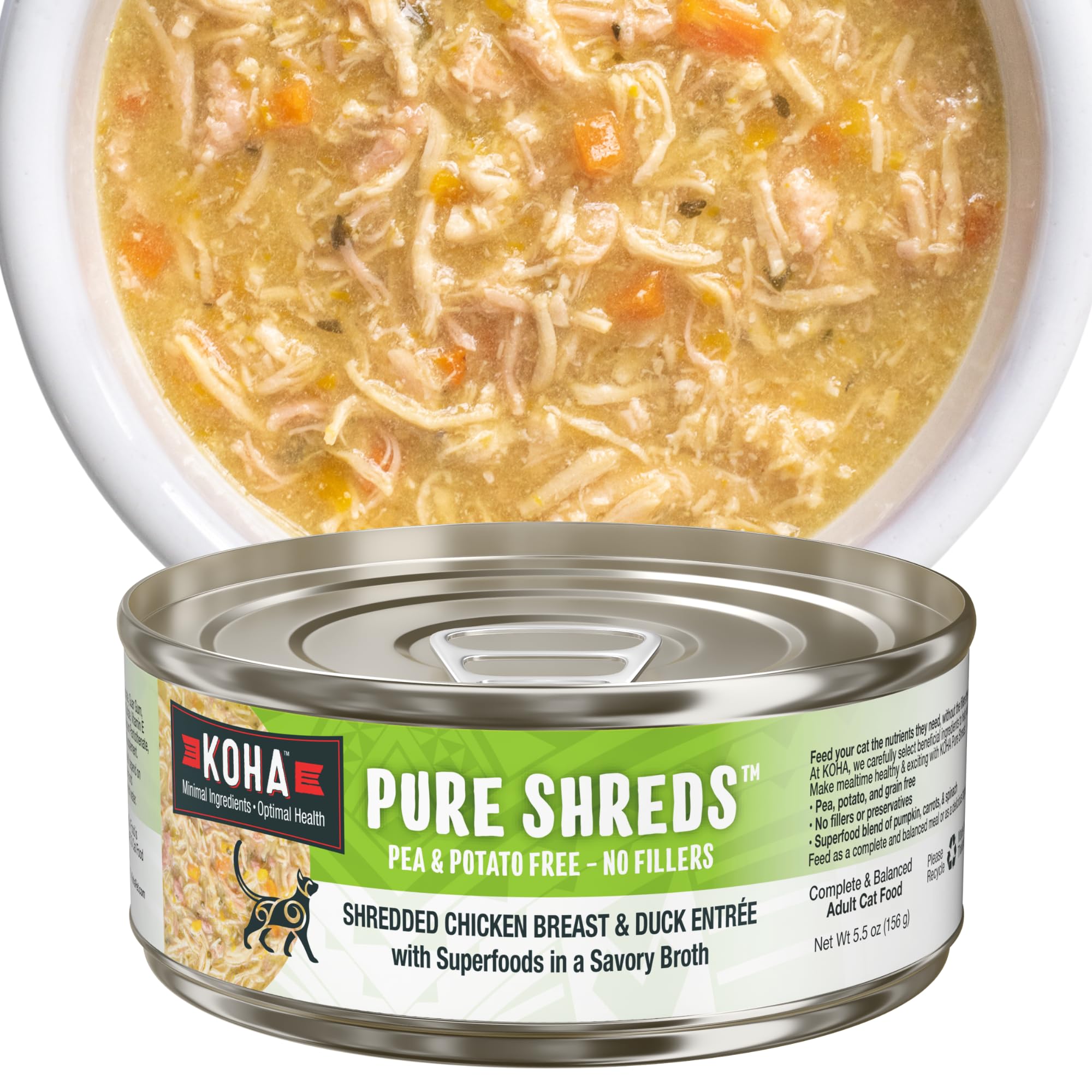 KOHA Pure Shreds Chicken and Duck Entr  e for Cats, High Protein Wet Cat Food, 5.5oz Cans (Pack of 12)