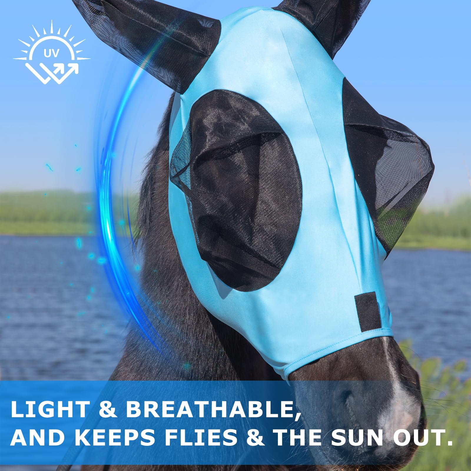 Stretchy Azure Blue Menjo Outdoors Horse Fly Mask with Ears, UV Protection for Horses, Breathable Comfortable Fly Mask Suitable
