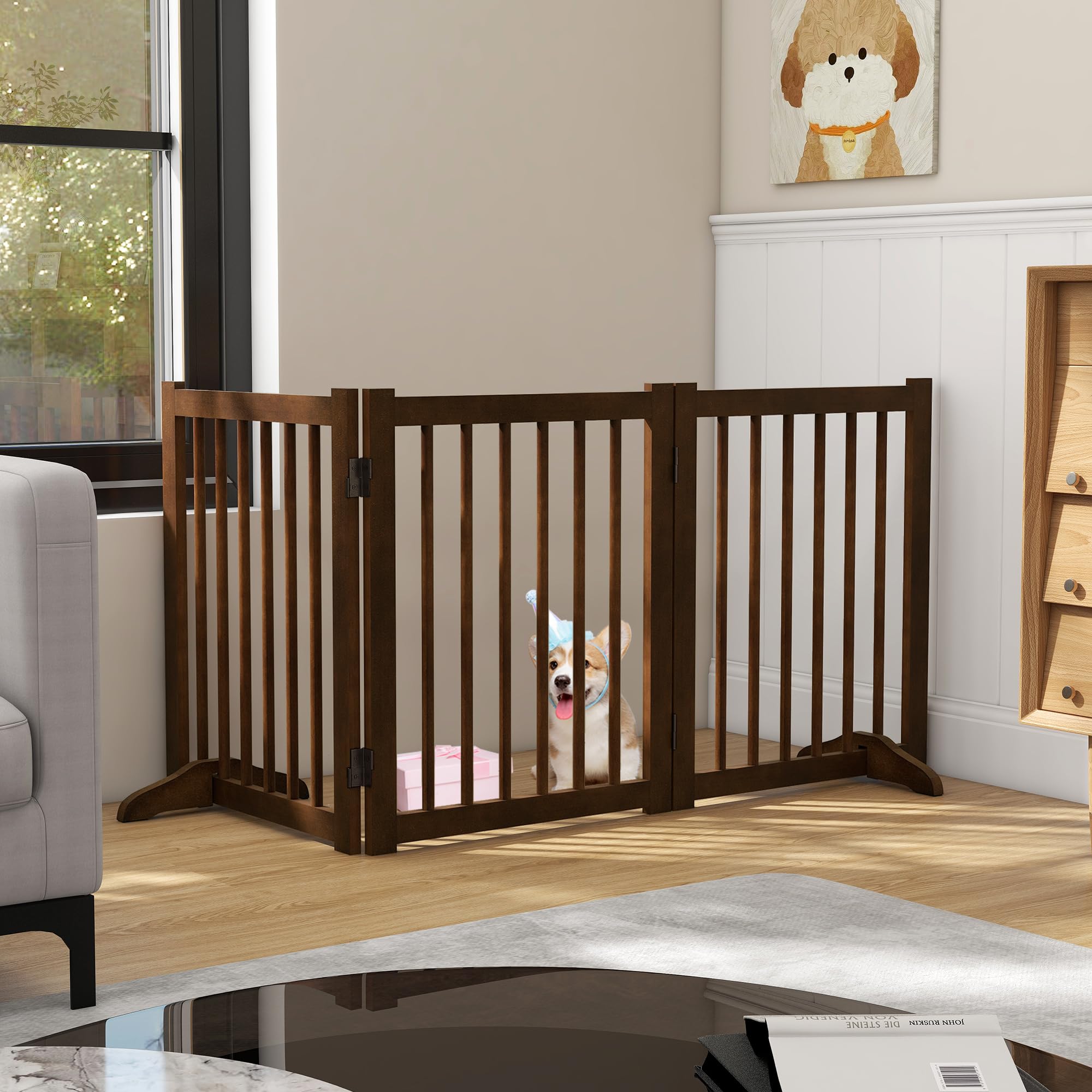 Solid Wood Freestanding Pet Gate - 3 Panels 24'' - Folding Safety Fence with 2 Support Feet - Ideal for Stairs, Doorways, Halls,