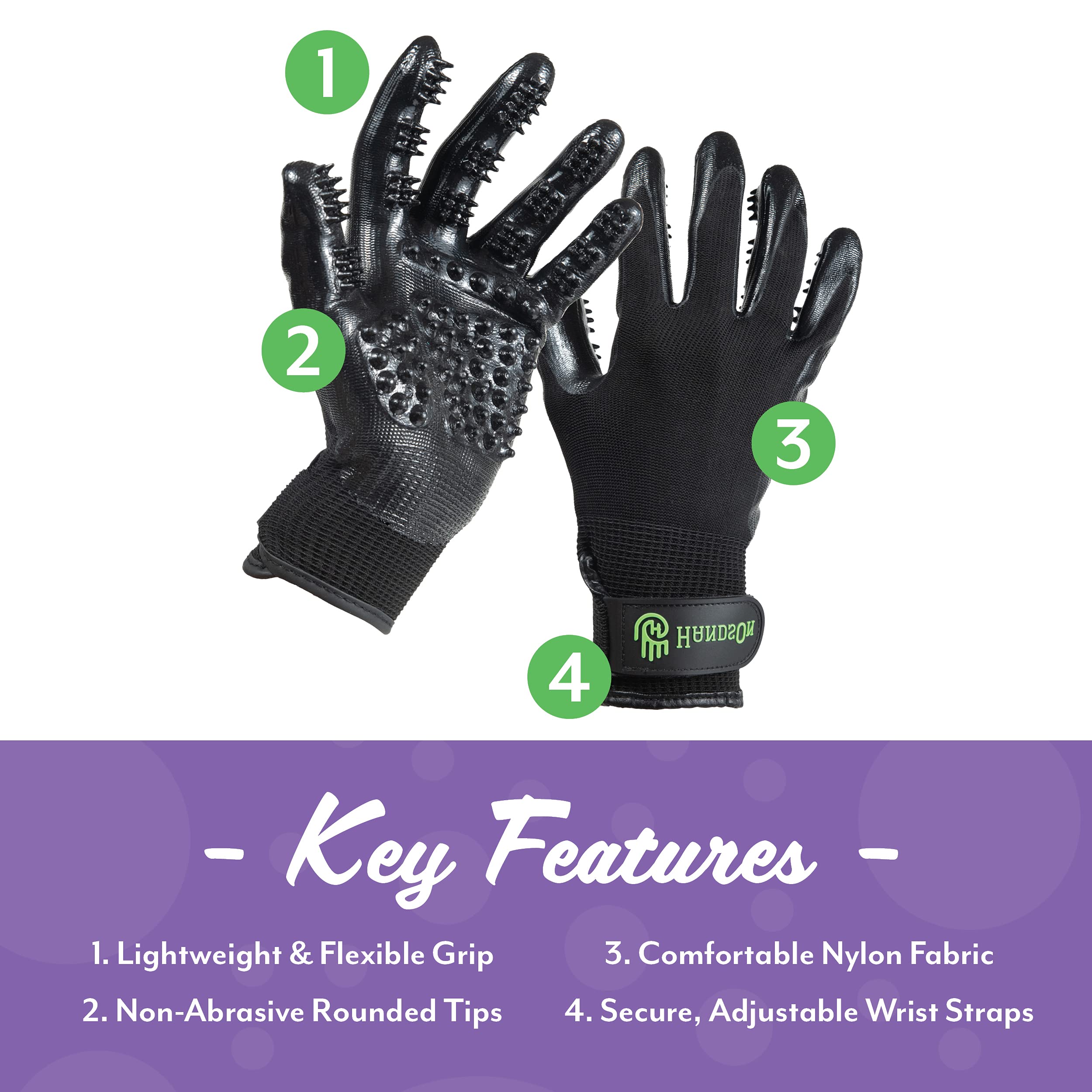 H Handson Pet Grooming Gloves - Patented #1 Ranked, Award Winning Shedding, Bathing, & Hair Remover Gloves - Gentle Brush For Cats, Dogs, And Horses (Mono Purple, Junior)
