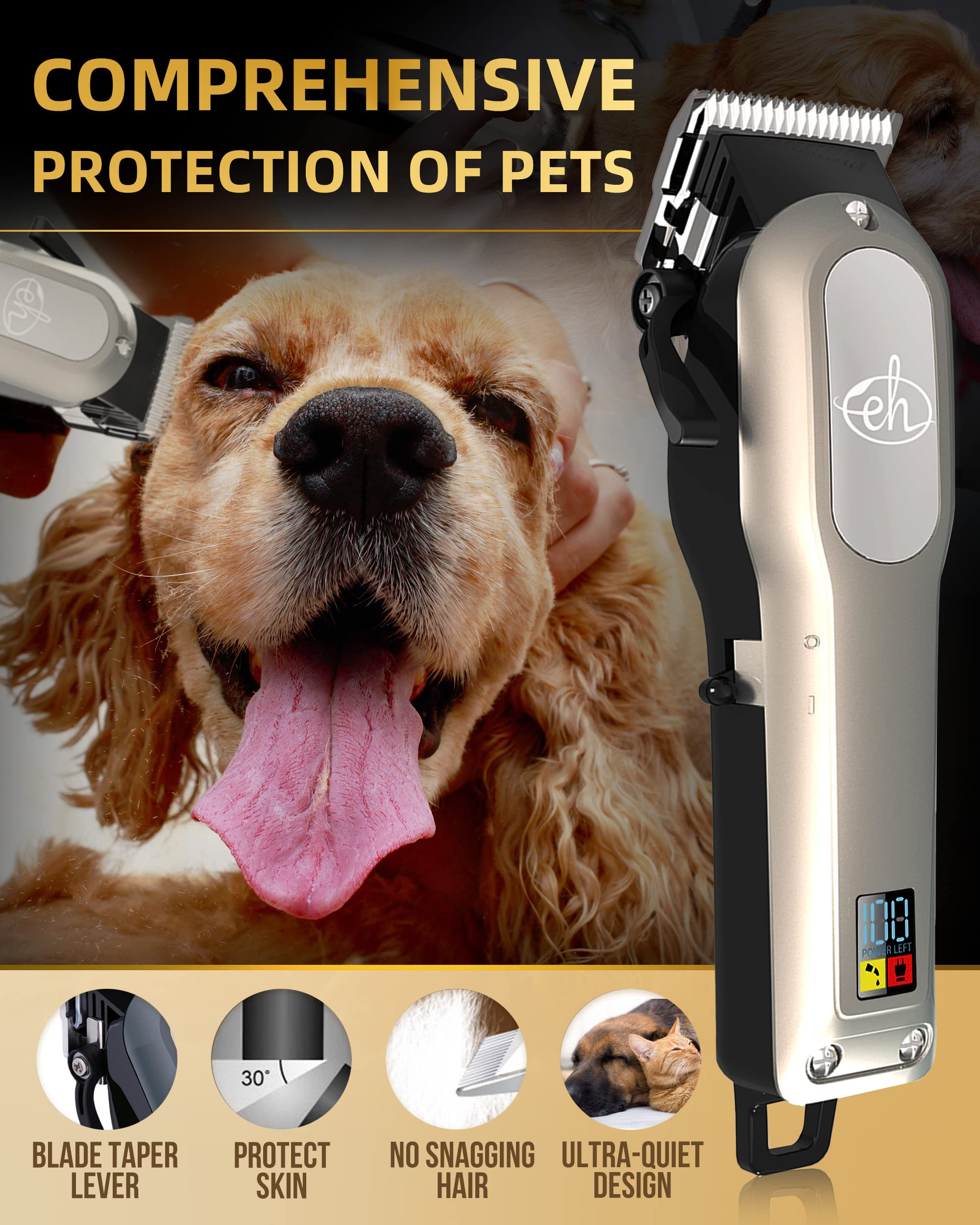 E-Hunter Professional Dog Clippers Cordless Rechargeable - Pet Grooming Kit With 8 Comb Guides, Led Display & Quiet Motor 50Db F