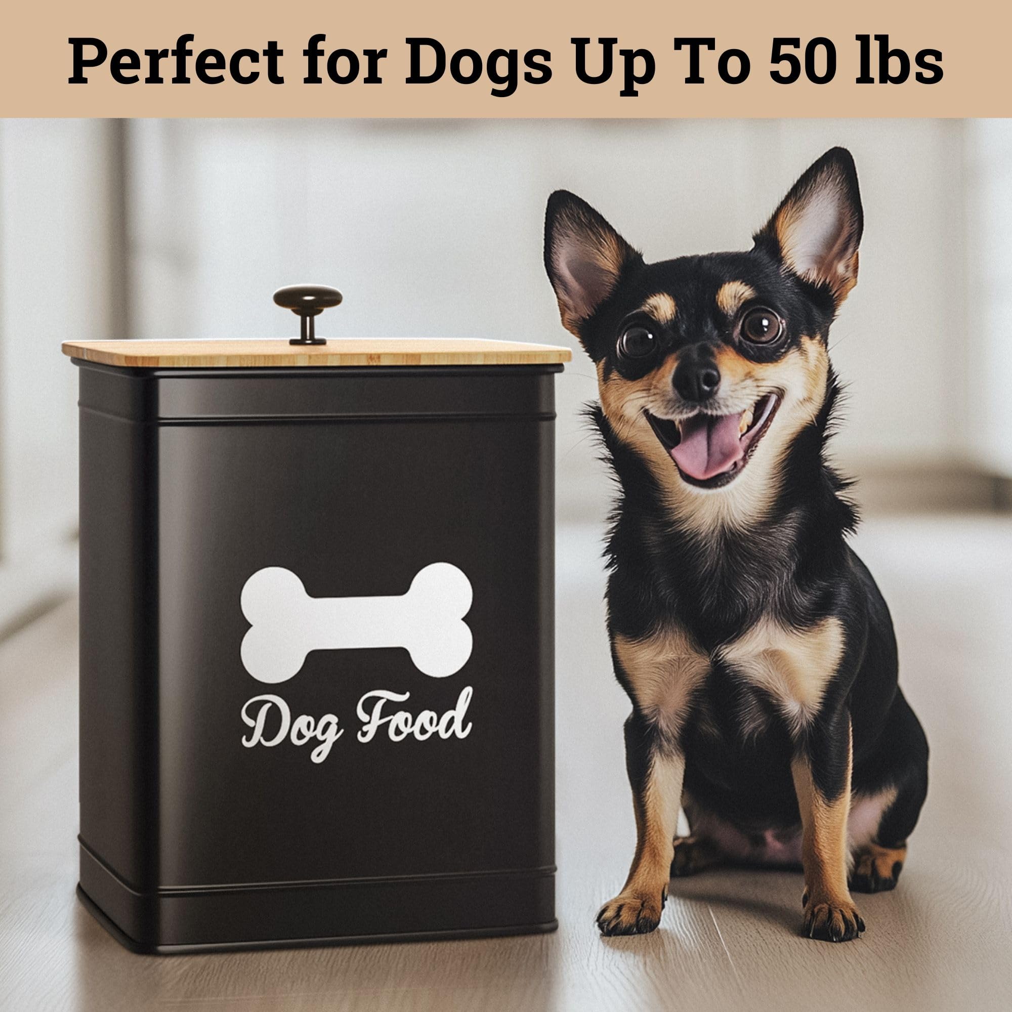 Dog Food Container Airtight 5-10 lb (25 Cup) Capacity - Cute Airtight Dog Food Storage Container with Bamboo Lid & Sturdy Metal