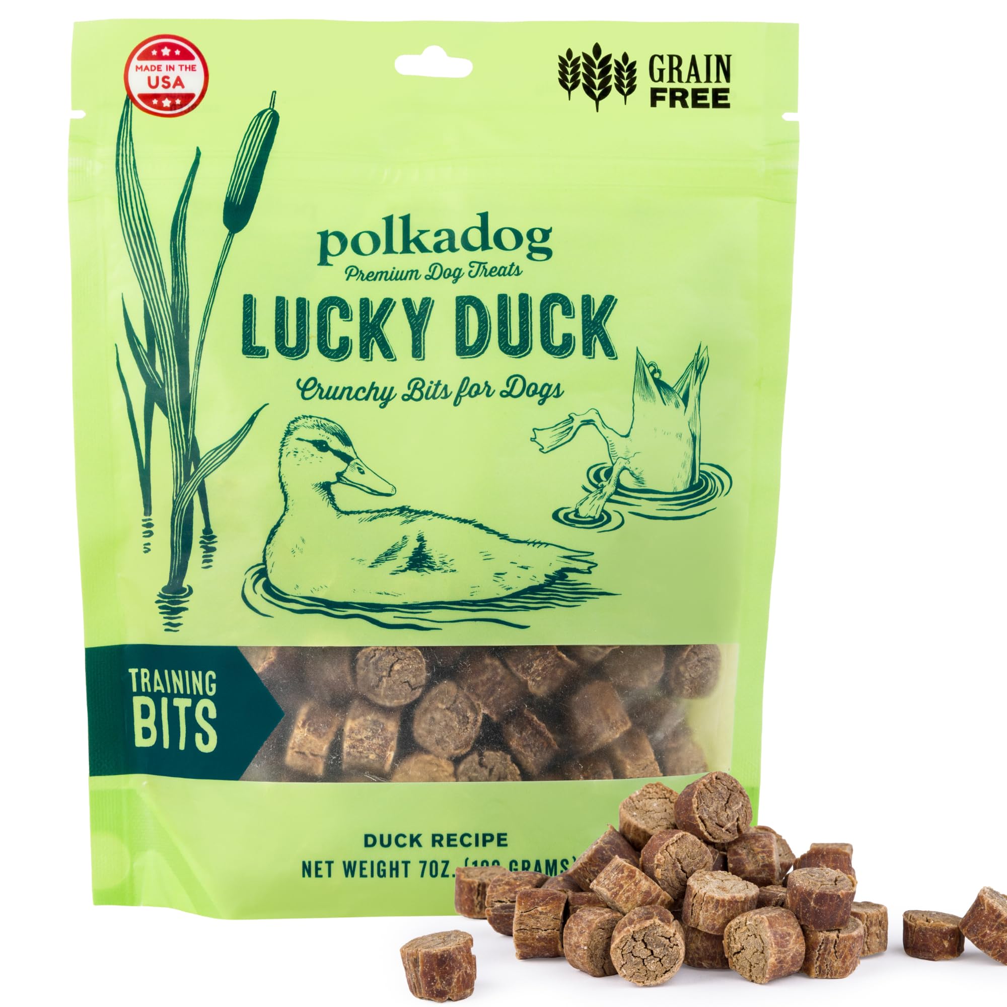 Polkadog Lucky Duck Crunchy Training Bits - All Natural, Grain Free Healthy Training Treats for Dogs. Handcrafted & Made in USA.